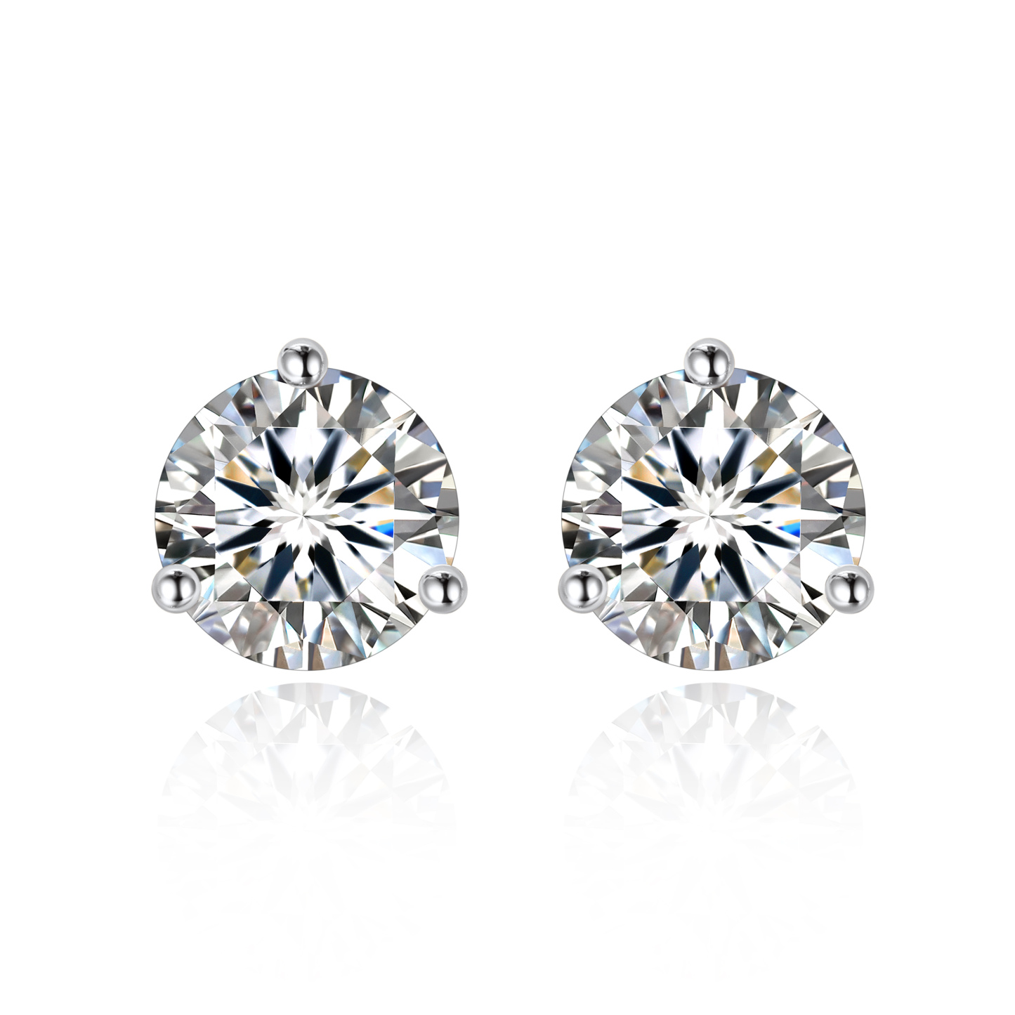 1 Carat Three-Prong Round Moissanite Stud Earrings in White Gold