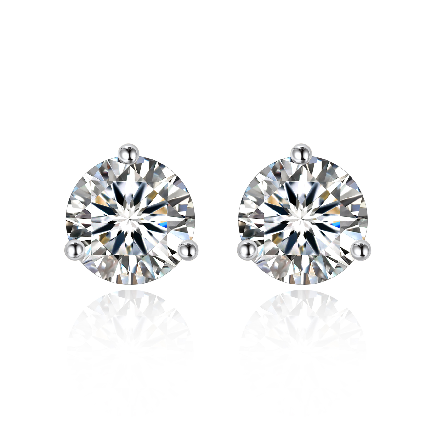 1 Carat Three-Prong Round Moissanite Stud Earrings in White Gold