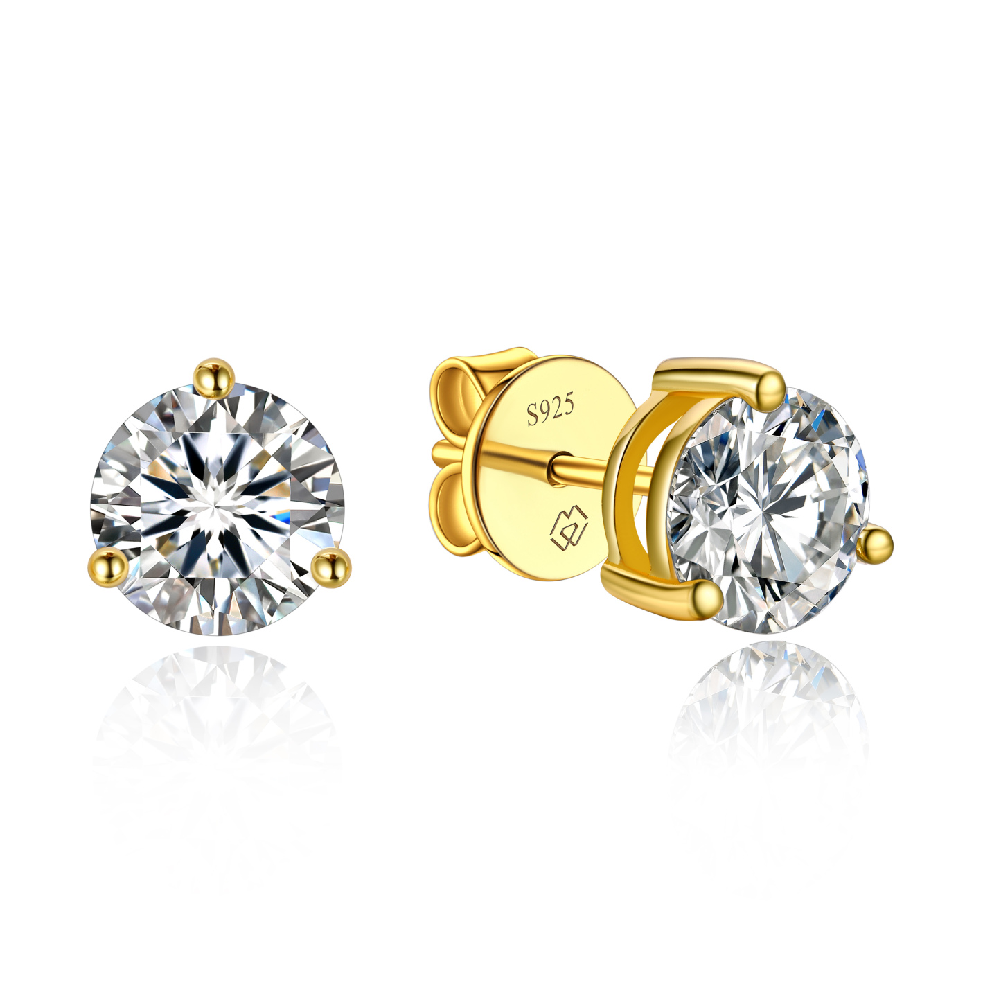 1 Carat Three-Prong Round Moissanite Stud Earrings in Yellow Gold-02