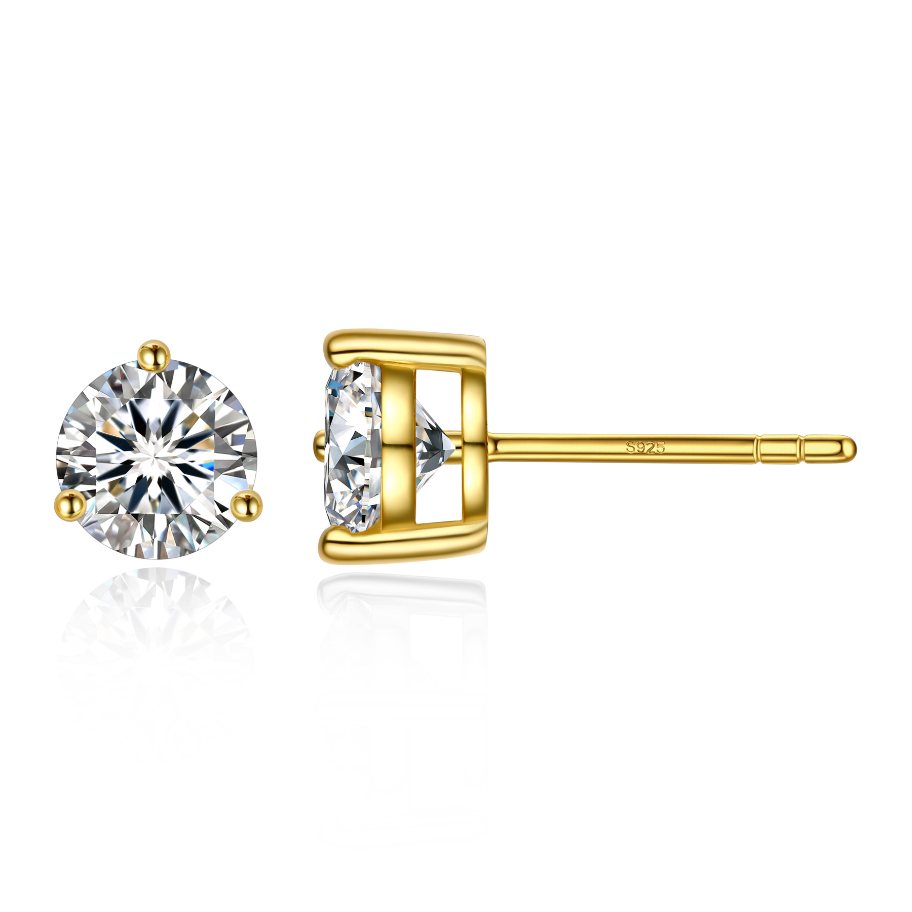 1 Carat Three-Prong Round Moissanite Stud Earrings in Yellow Gold-03