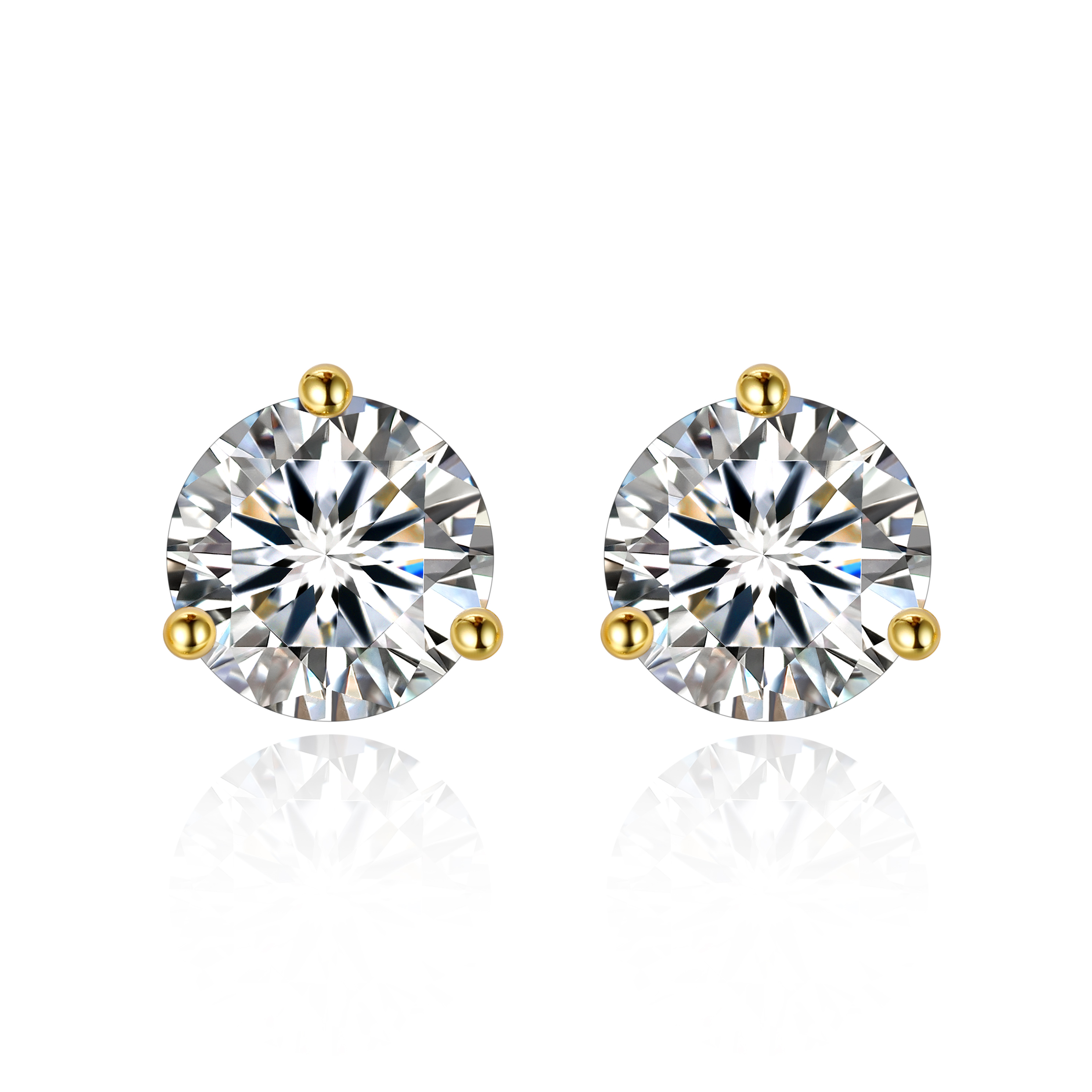 1 Carat Three-Prong Round Moissanite Stud Earrings in Yellow Gold