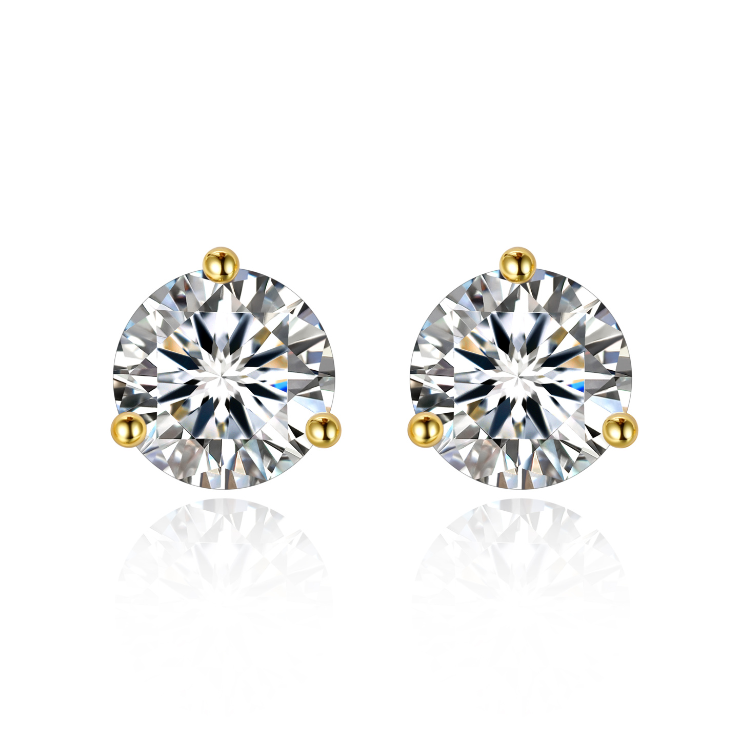 1 Carat Three-Prong Round Moissanite Stud Earrings in Yellow Gold
