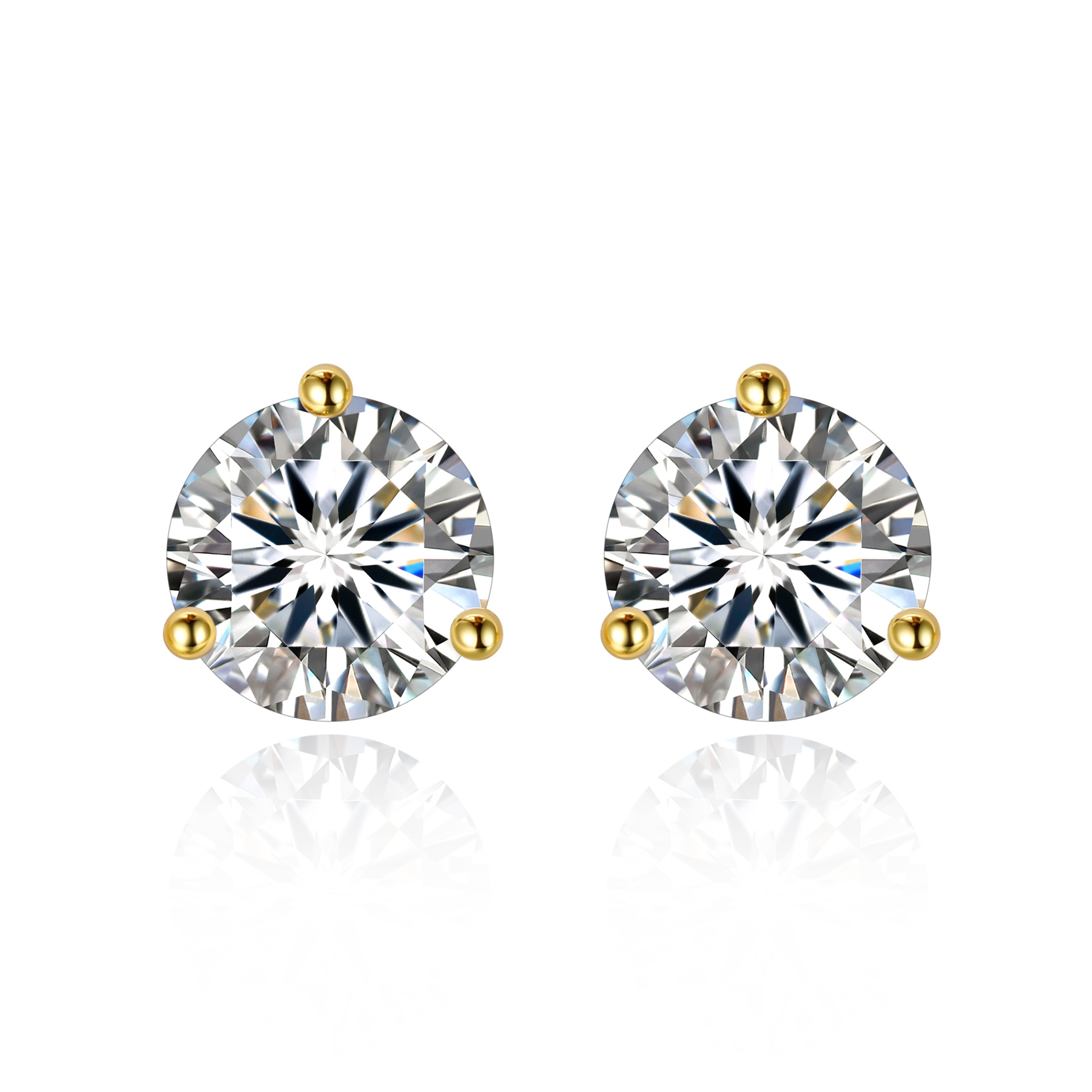 1 Carat Three-Prong Round Moissanite Stud Earrings in Yellow Gold