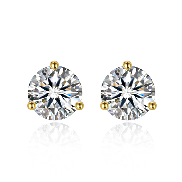 1 Carat Three-Prong Round Moissanite Stud Earrings in Yellow Gold