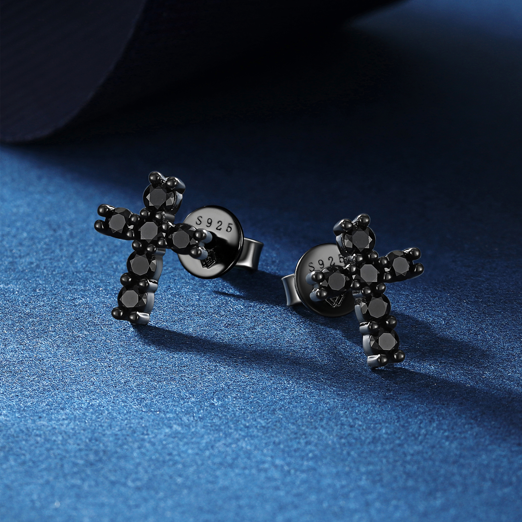 2.5mm Cross Black Moissanite Stud Earrings in Black Plated, Sterling Silver