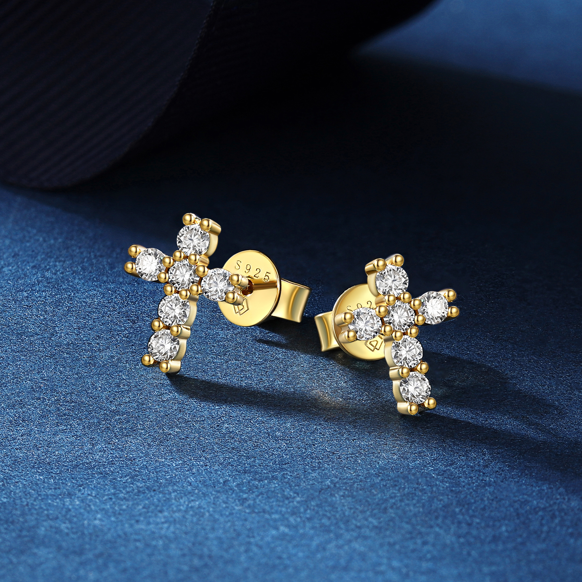 2.5mm Cross Moissanite Stud Earrings in Yellow Gold, Sterling Silver