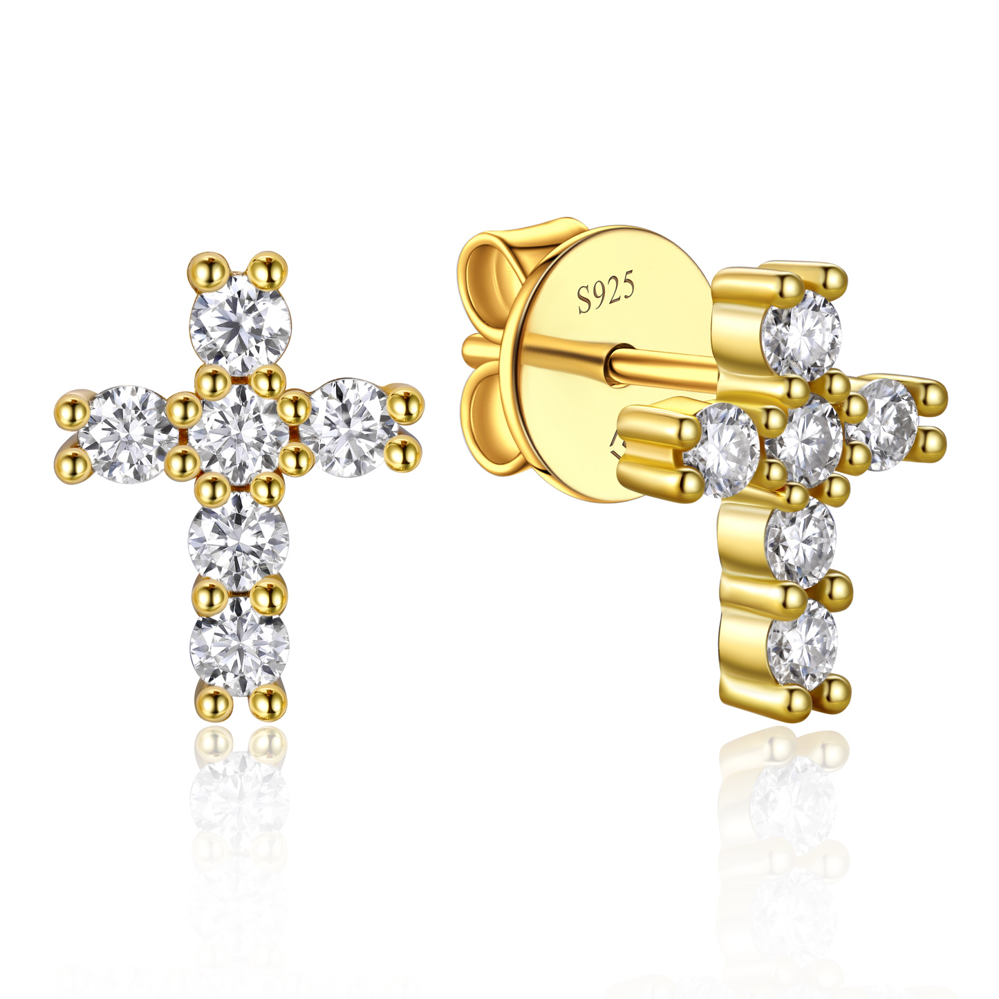 2.5mm Cross Moissanite Stud Earrings in Yellow Gold-02