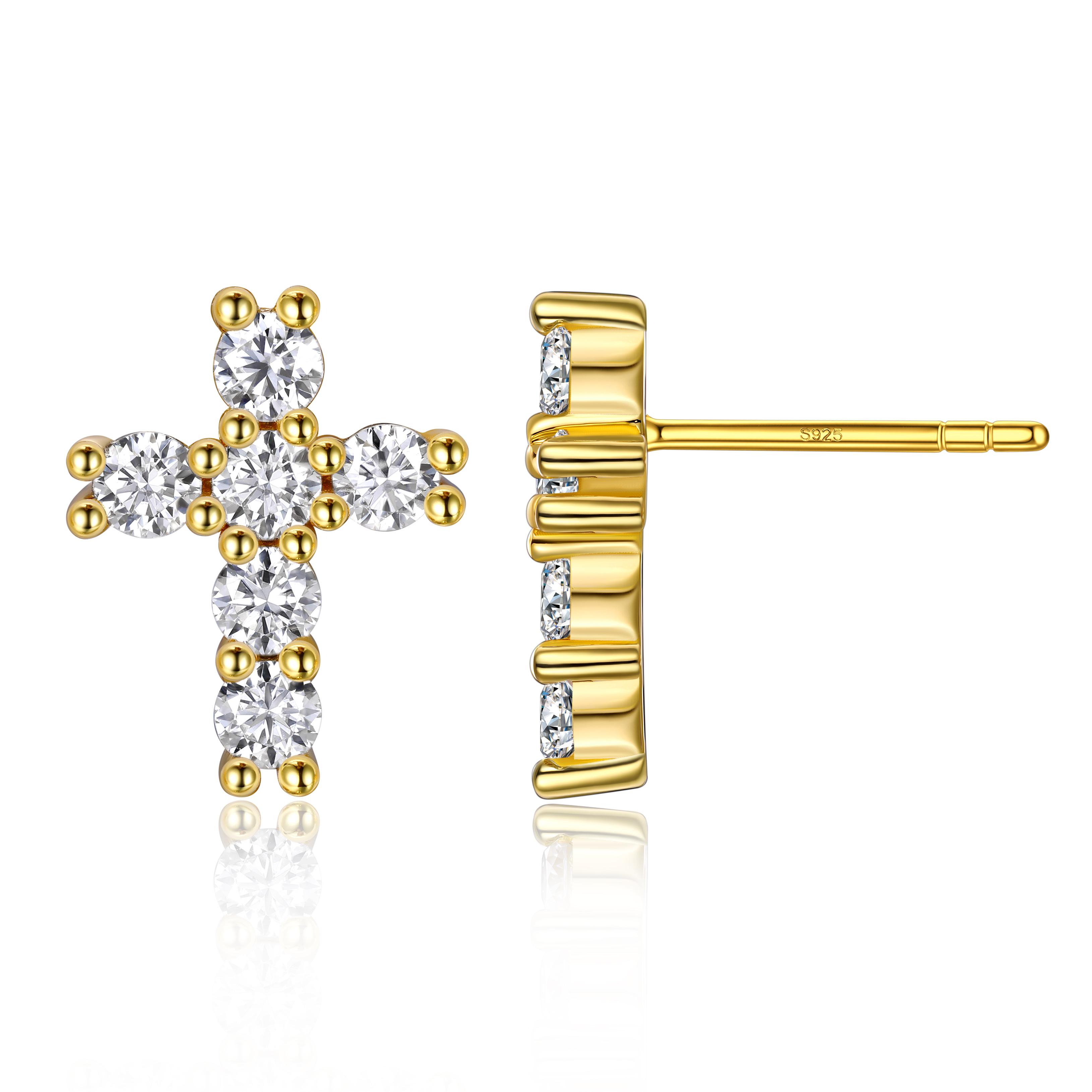 2.5mm Cross Moissanite Stud Earrings in Yellow Gold-03