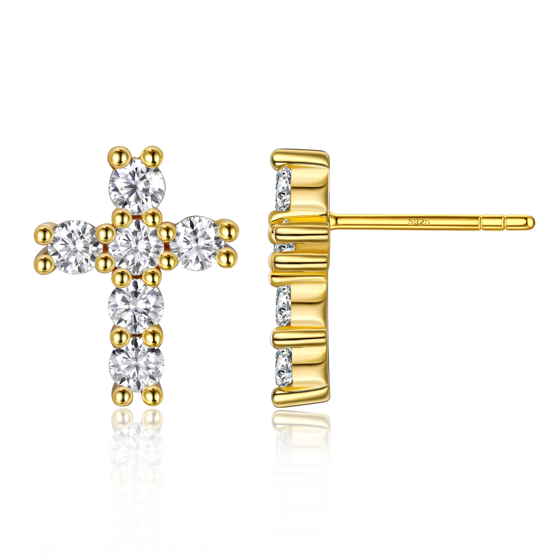 2.5mm Cross Moissanite Stud Earrings in Yellow Gold-03
