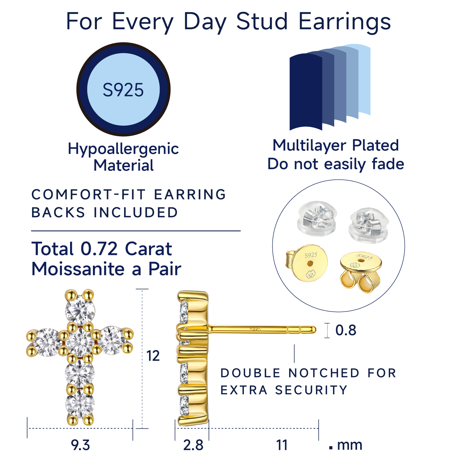 2.5mm Cross Moissanite Stud Earrings in Yellow Gold Details - Earrings Size, Material