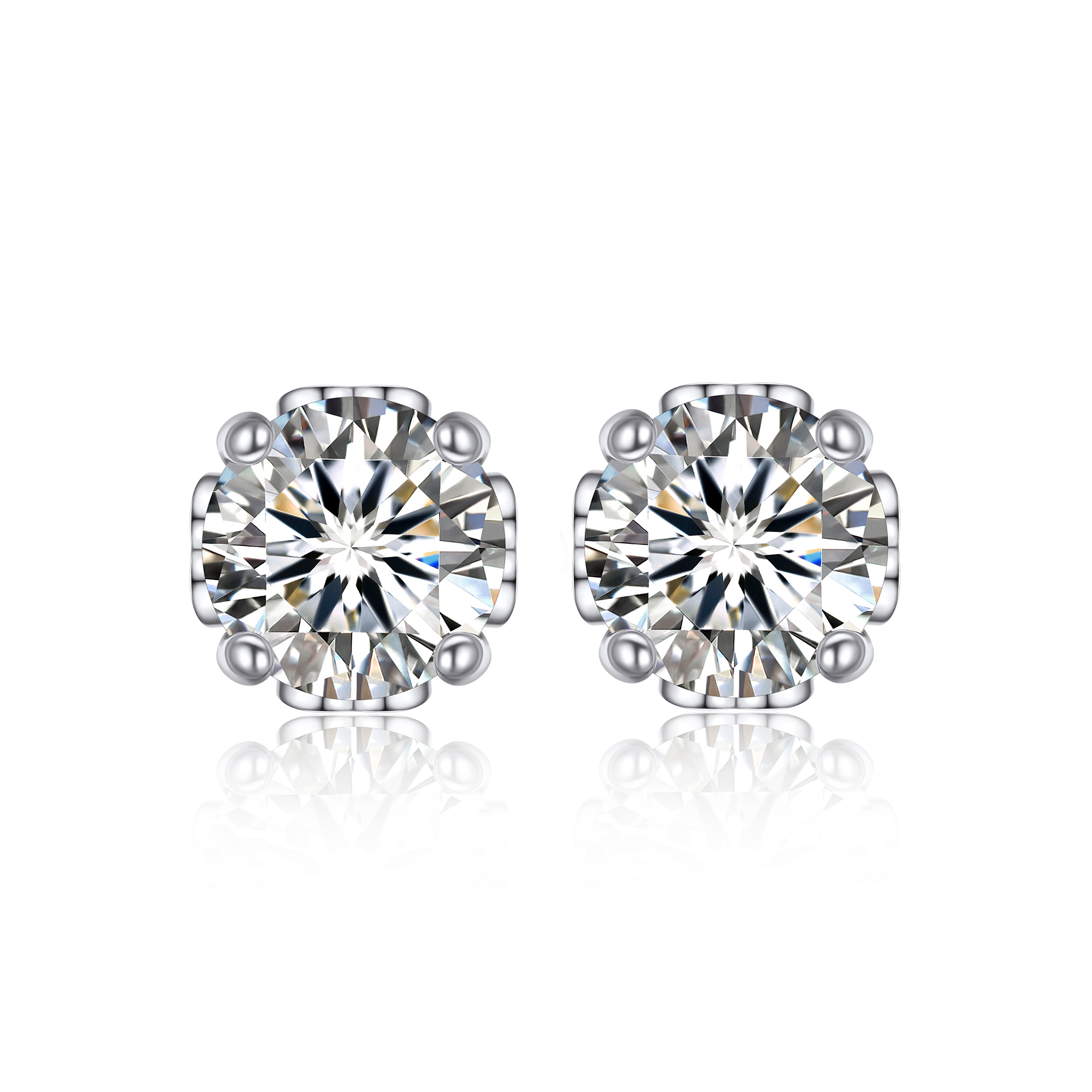 2 Carat Four-Prong Round Cut Moissanite Stud Earrings with Side Heart in White Gold