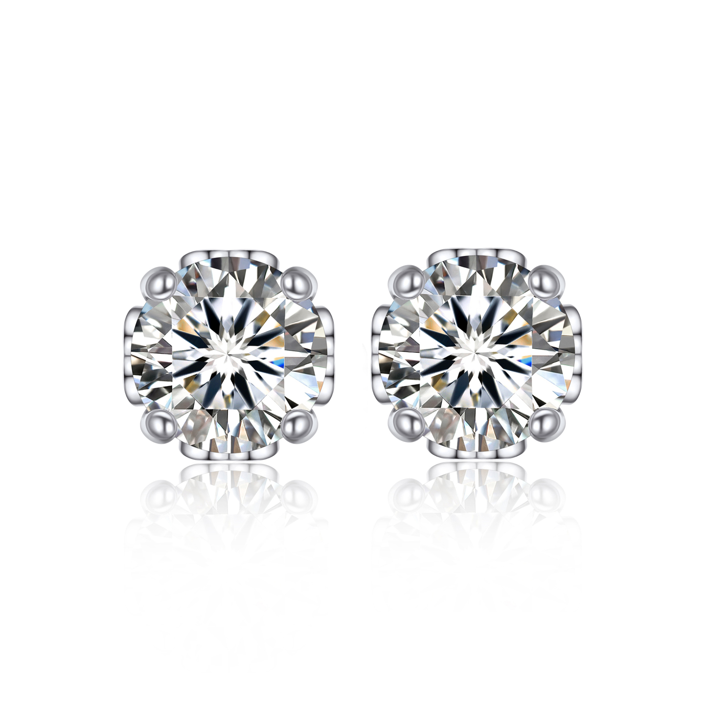 2 Carat Four-Prong Round Cut Moissanite Stud Earrings with Side Heart in White Gold