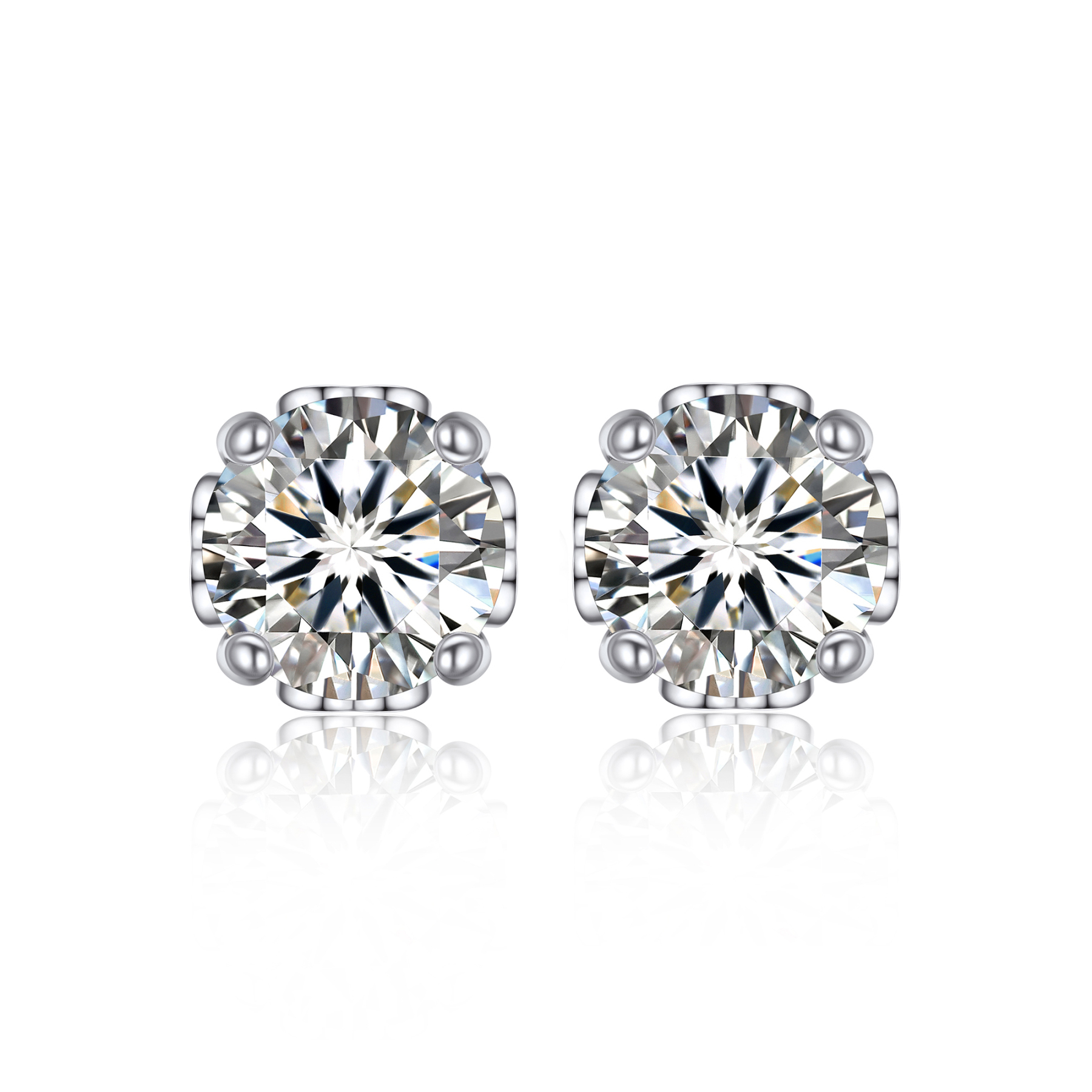 2 Carat Four-Prong Round Cut Moissanite Stud Earrings with Side Heart in White Gold