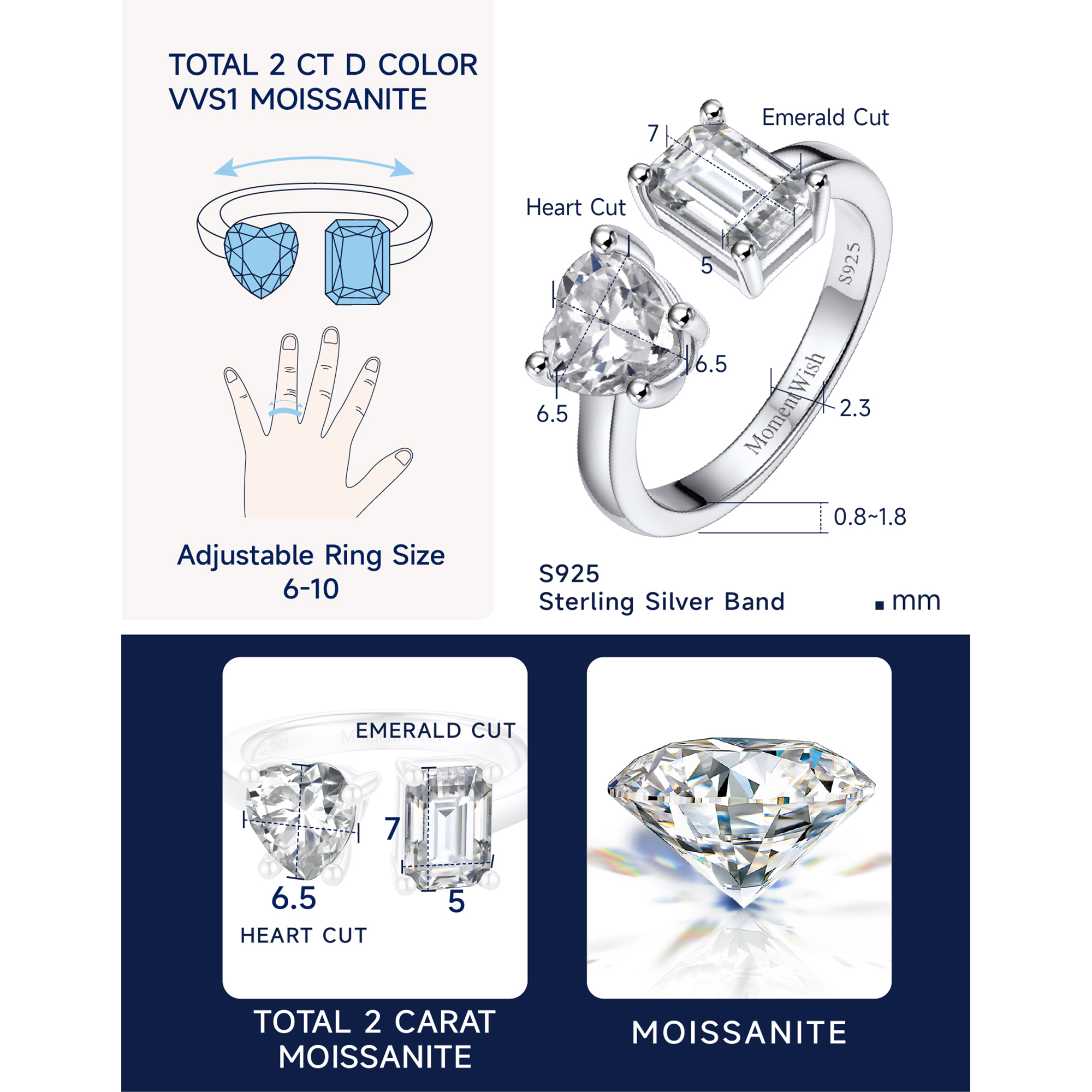 2 Carat Heart and Emerald Cut Toi Et Moi Moissanite Engagement Ring in White Gold Details - Rings Size, Material