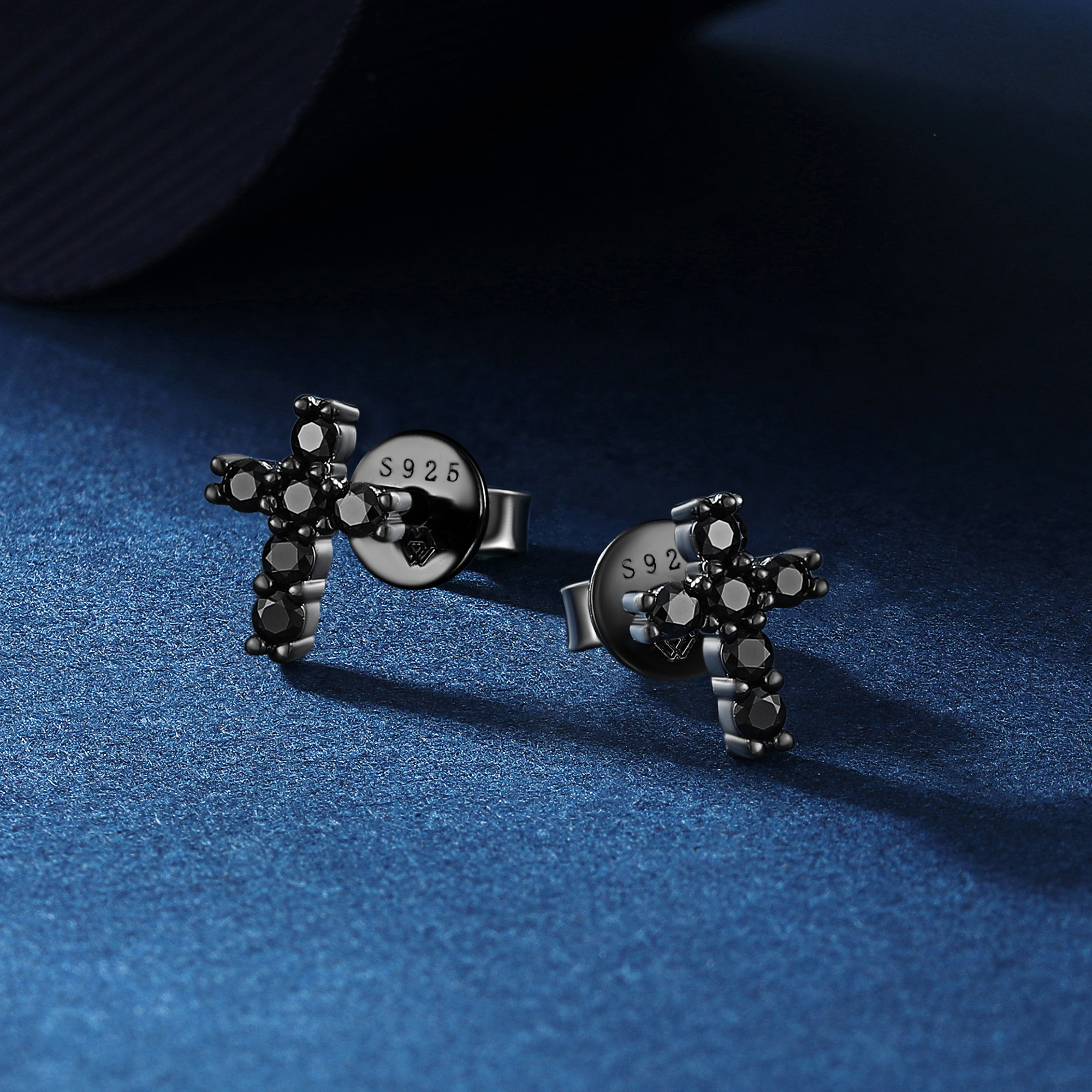 2mm Cross Black Moissanite Stud Earrings in Black Plated, Sterling Silver