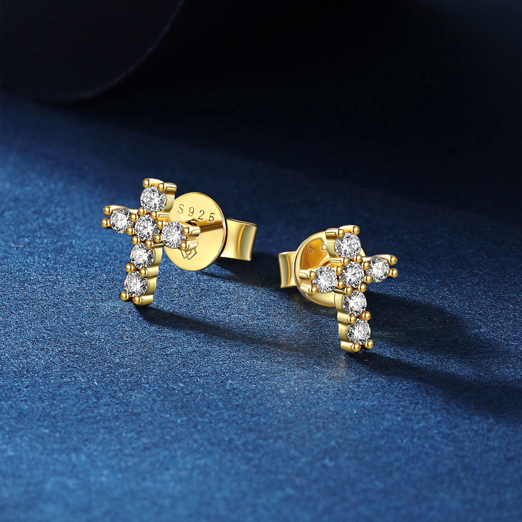 2mm Cross Moissanite Stud Earrings in Yellow Gold, Sterling Silver