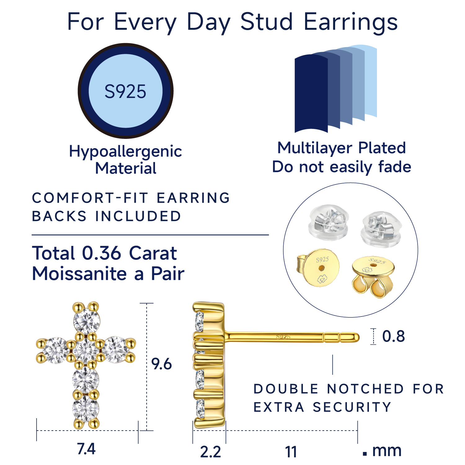 2mm Cross Moissanite Stud Earrings in Yellow Gold Details - Earrings Size, Material