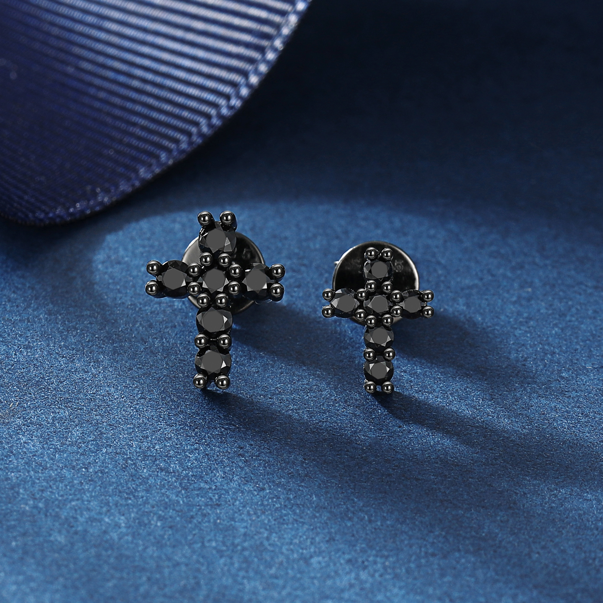 2mm and 2.5mm Cross Black Moissanite Stud Earrings in Black Plated, Sterling Silver
