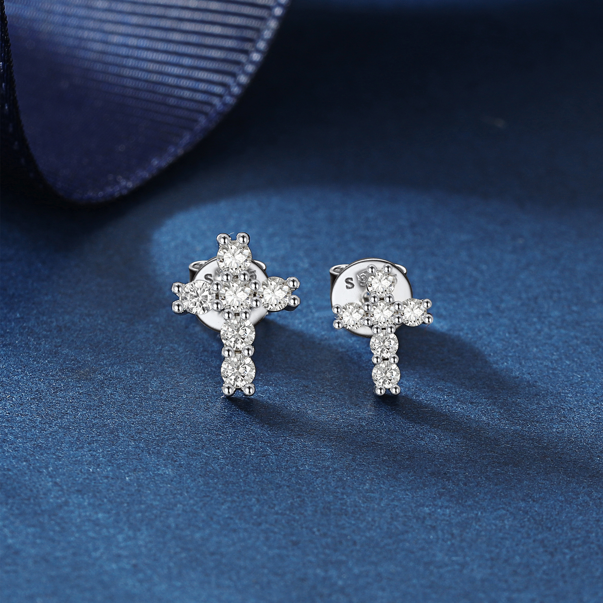 2mm and 2.5mm Cross Moissanite Stud Earrings in White Gold, Sterling Silver