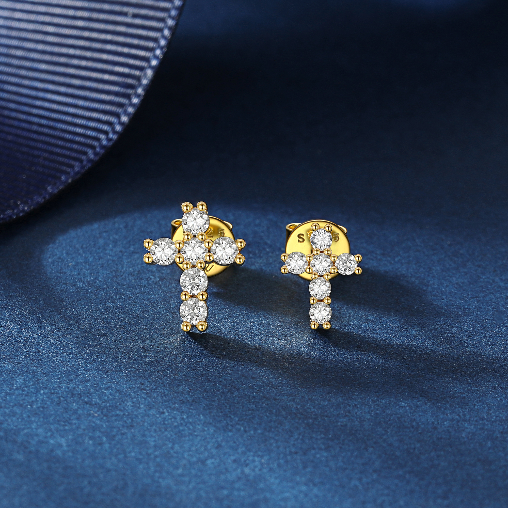 2mm and 2.5mm Cross Moissanite Stud Earrings in Yellow Gold, Sterling Silver