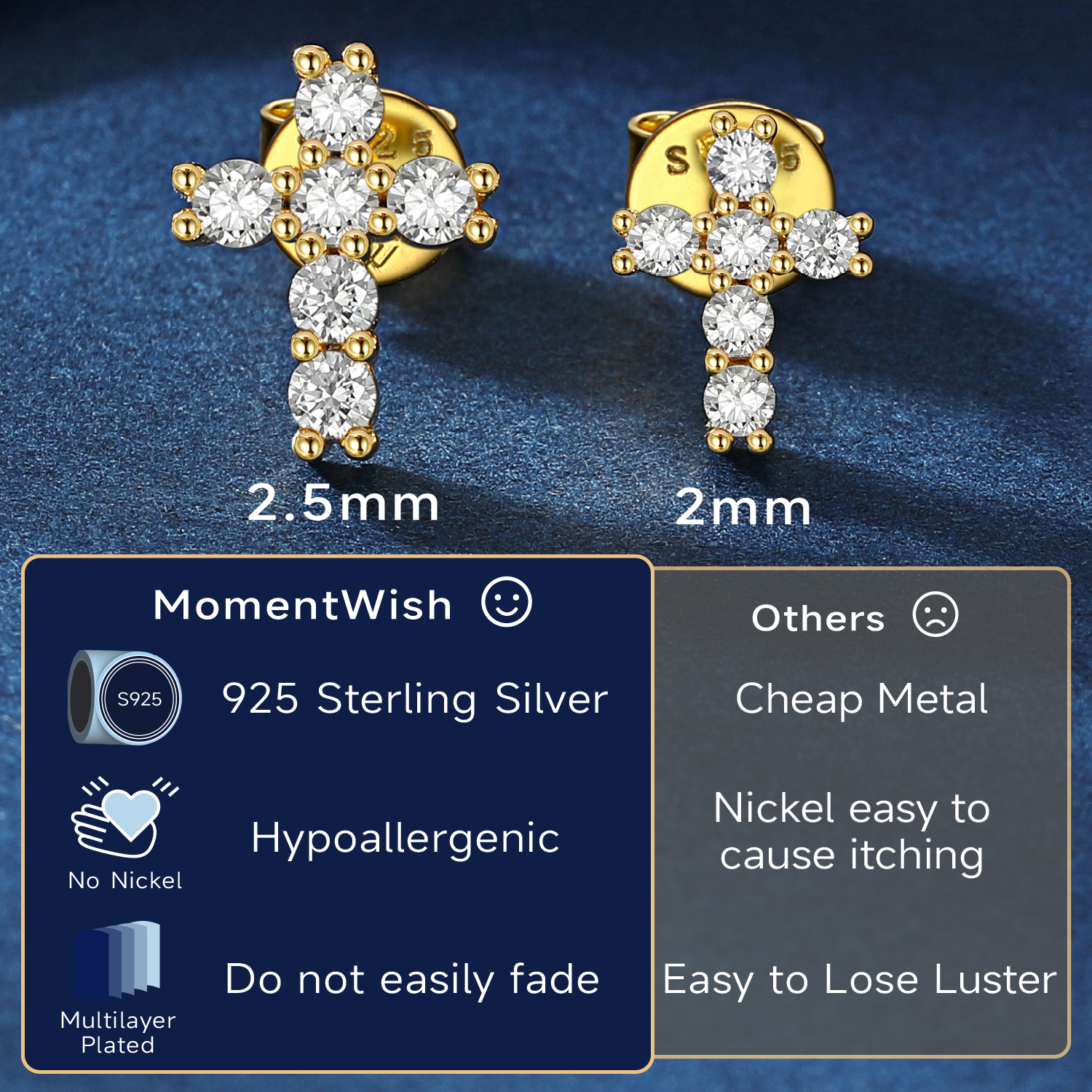 2mm and 2.5mm Cross Moissanite Stud Earrings in Yellow Gold Details - Moissanite Description