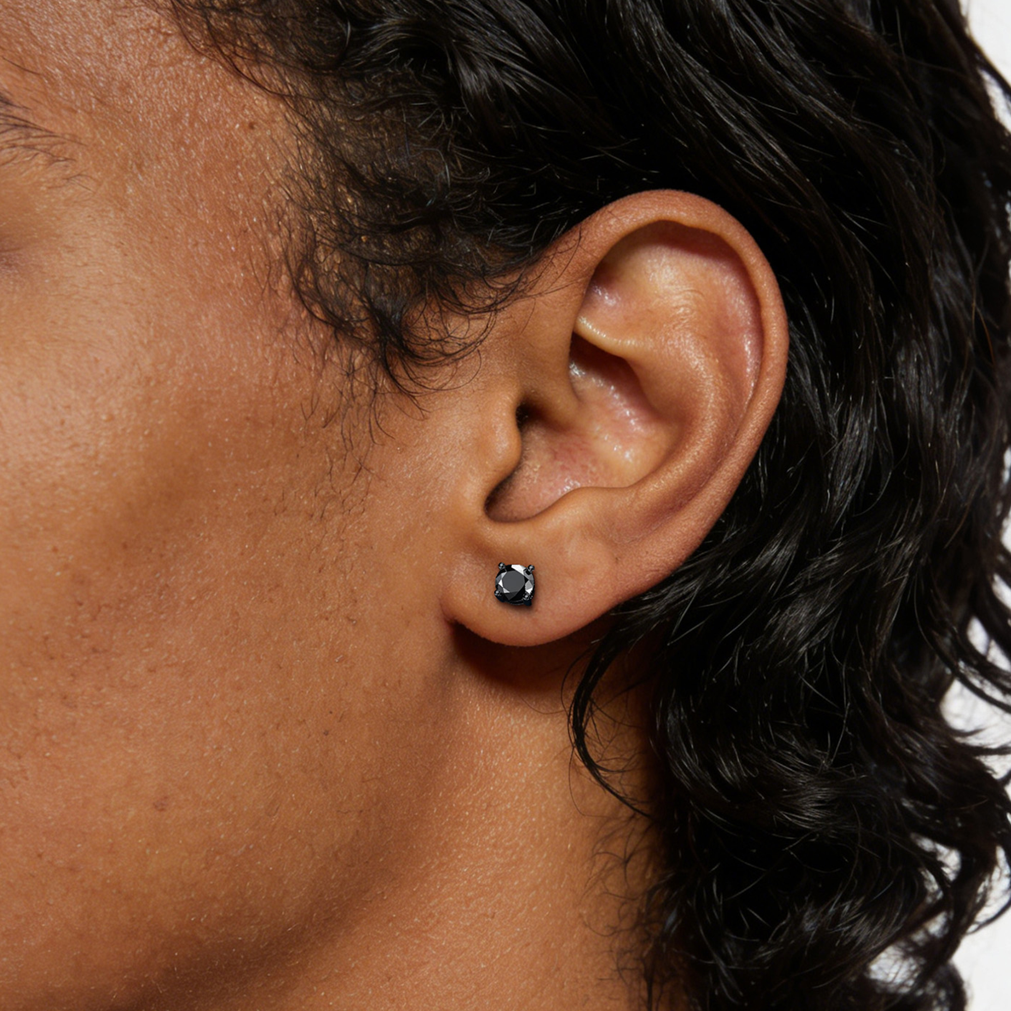 Four Prong Round Black Moissanite Stud Earrings in Black Plated for Men-02