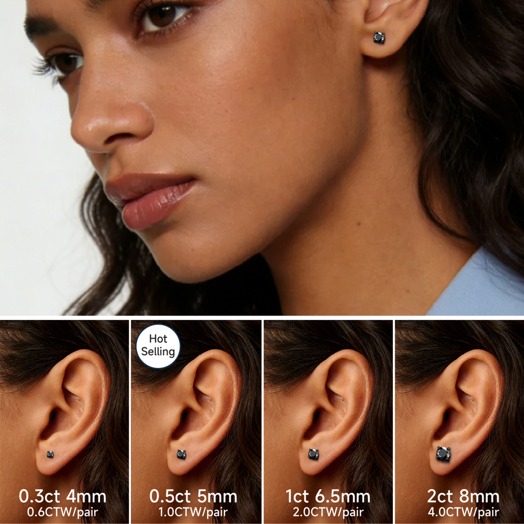 4 Prong Round Black Moissanite Stud Earrings in Black Plated in Multiple Carat Sizes