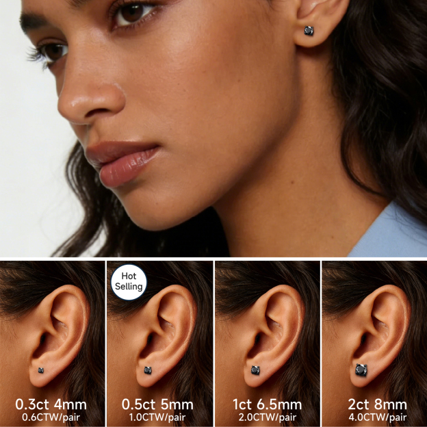 4 Prong Round Black Moissanite Stud Earrings in Black Plated in Multiple Carat Sizes