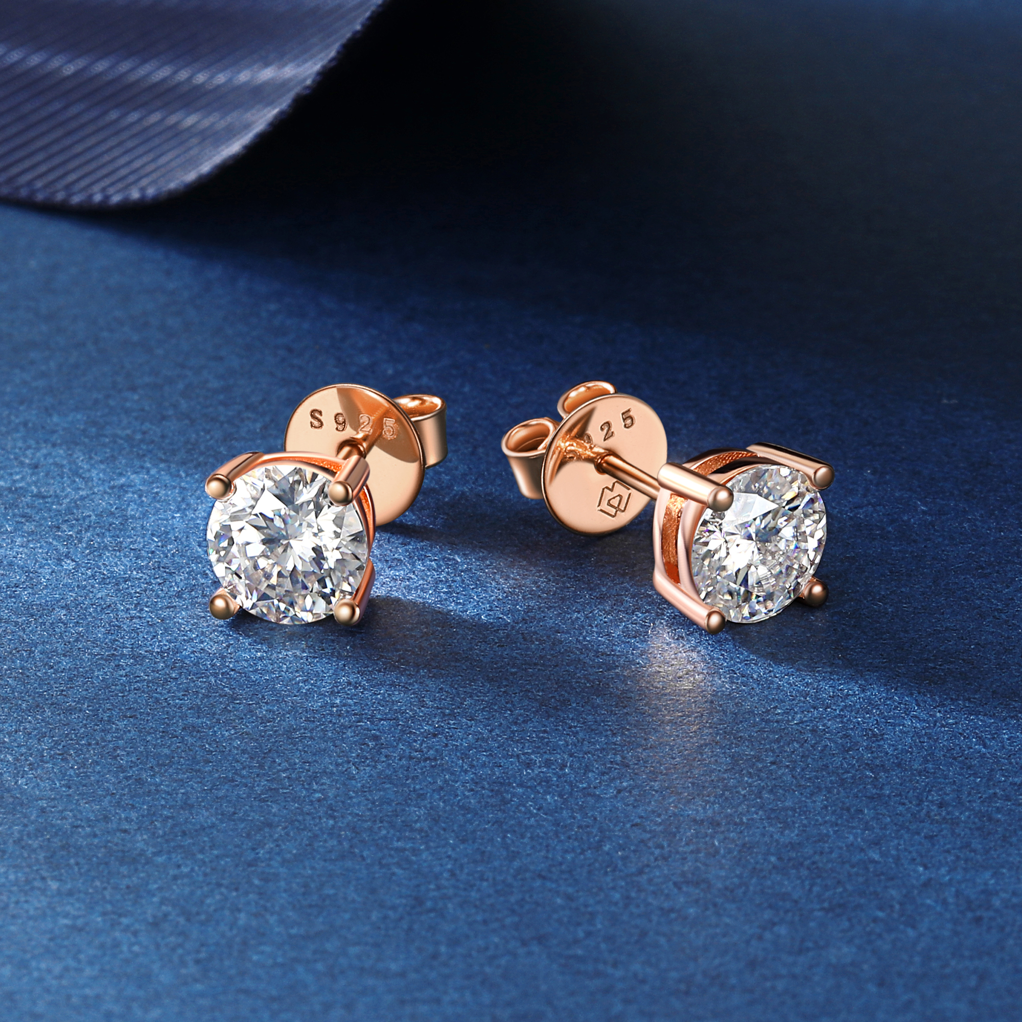 4 Prong Round Moissanite Stud Earrings in Rose Gold, Sterling Silver