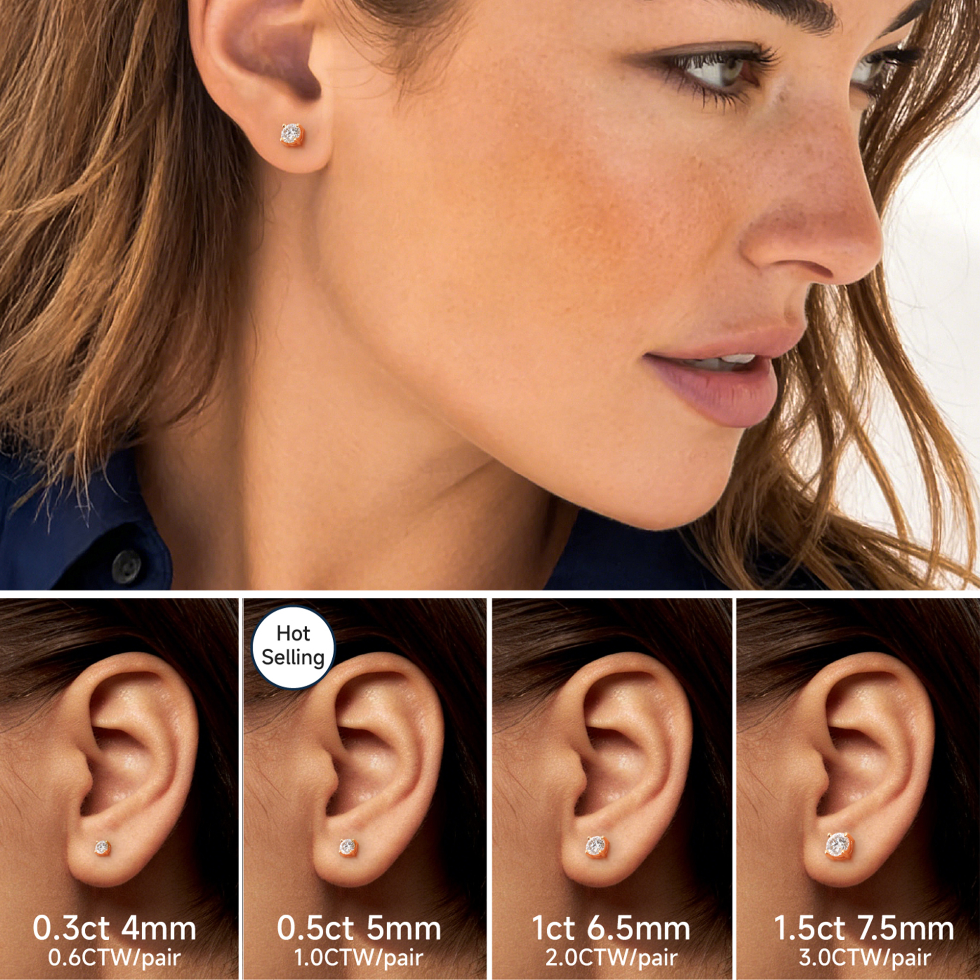 4 Prong Round Moissanite Stud Earrings in Rose Gold in Multiple Carat Sizes