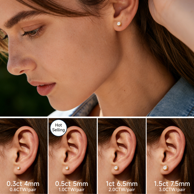 4 Prong Round Moissanite Stud Earrings in Yellow Gold in Multiple Carat Sizes