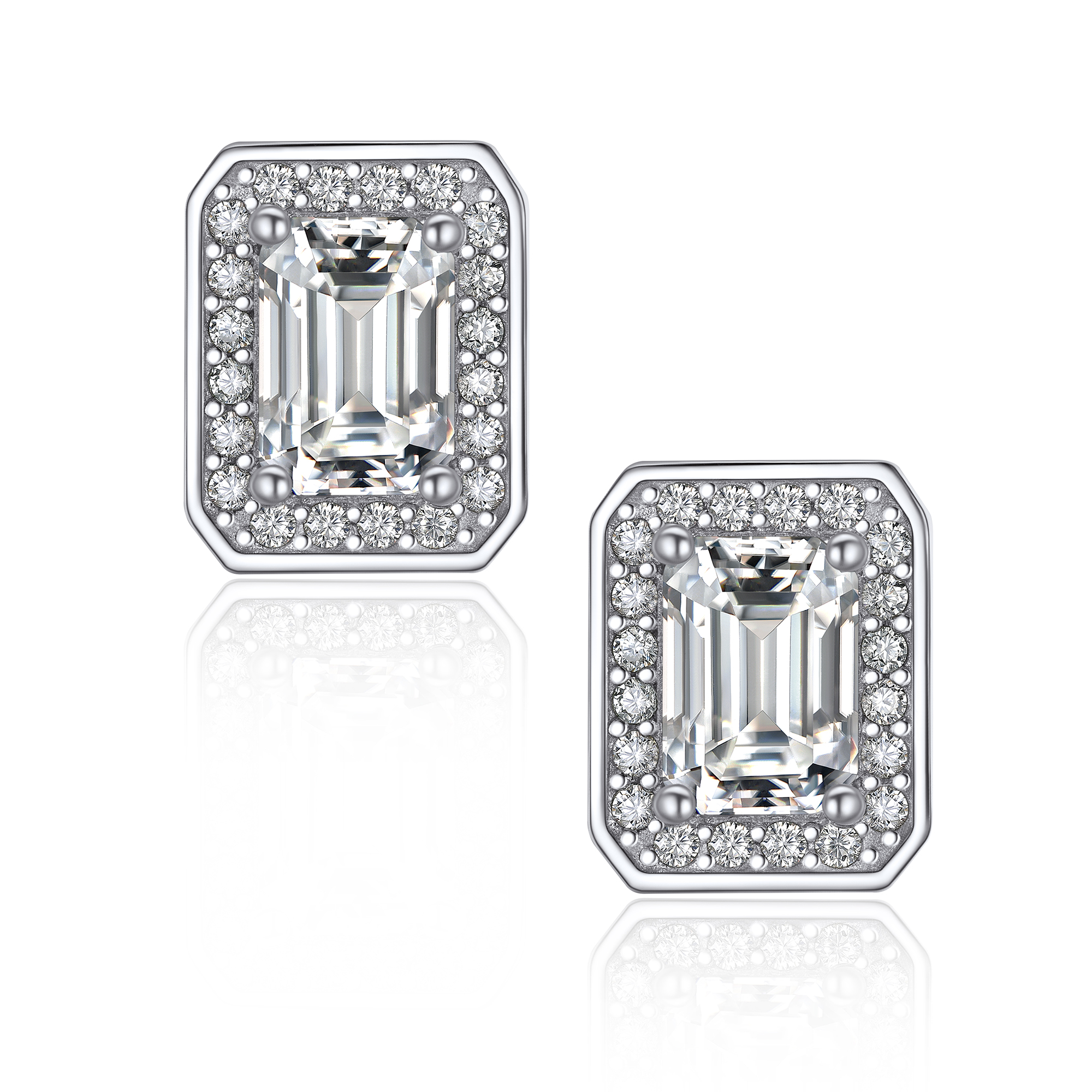 Halo Emerald Cut Stud Moissanite Earrings (0.8 Ct. VVS1)
