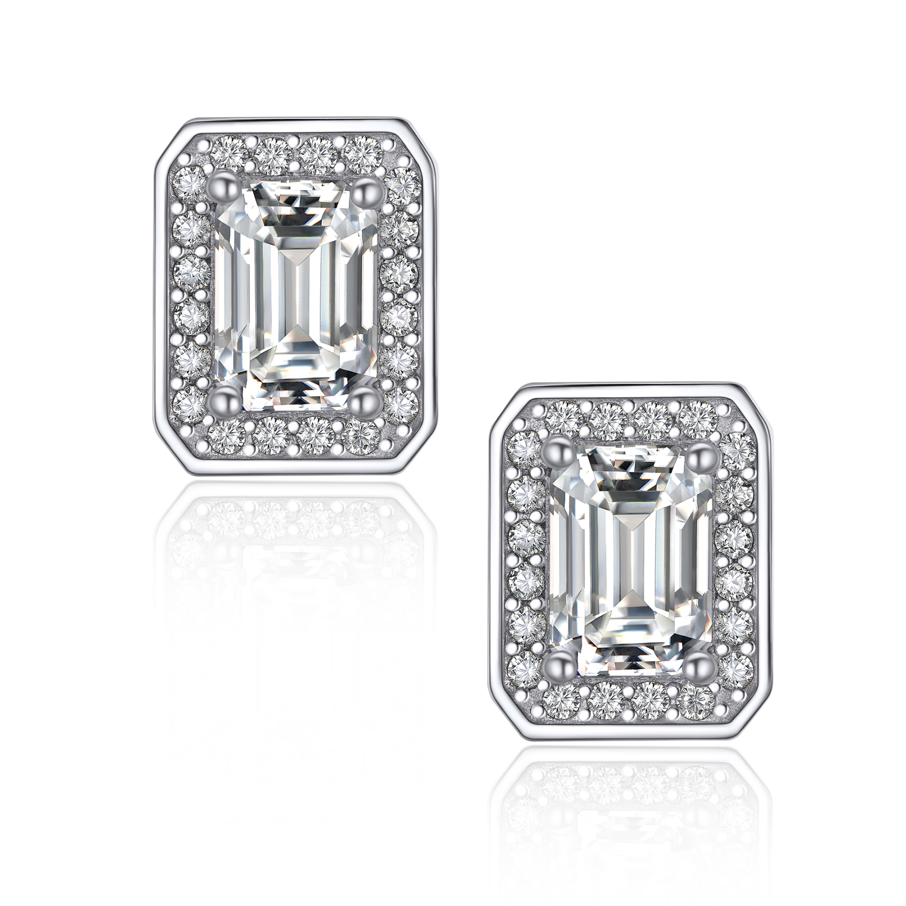 Halo Emerald Cut Stud Moissanite Earrings (0.8 Ct. VVS1)