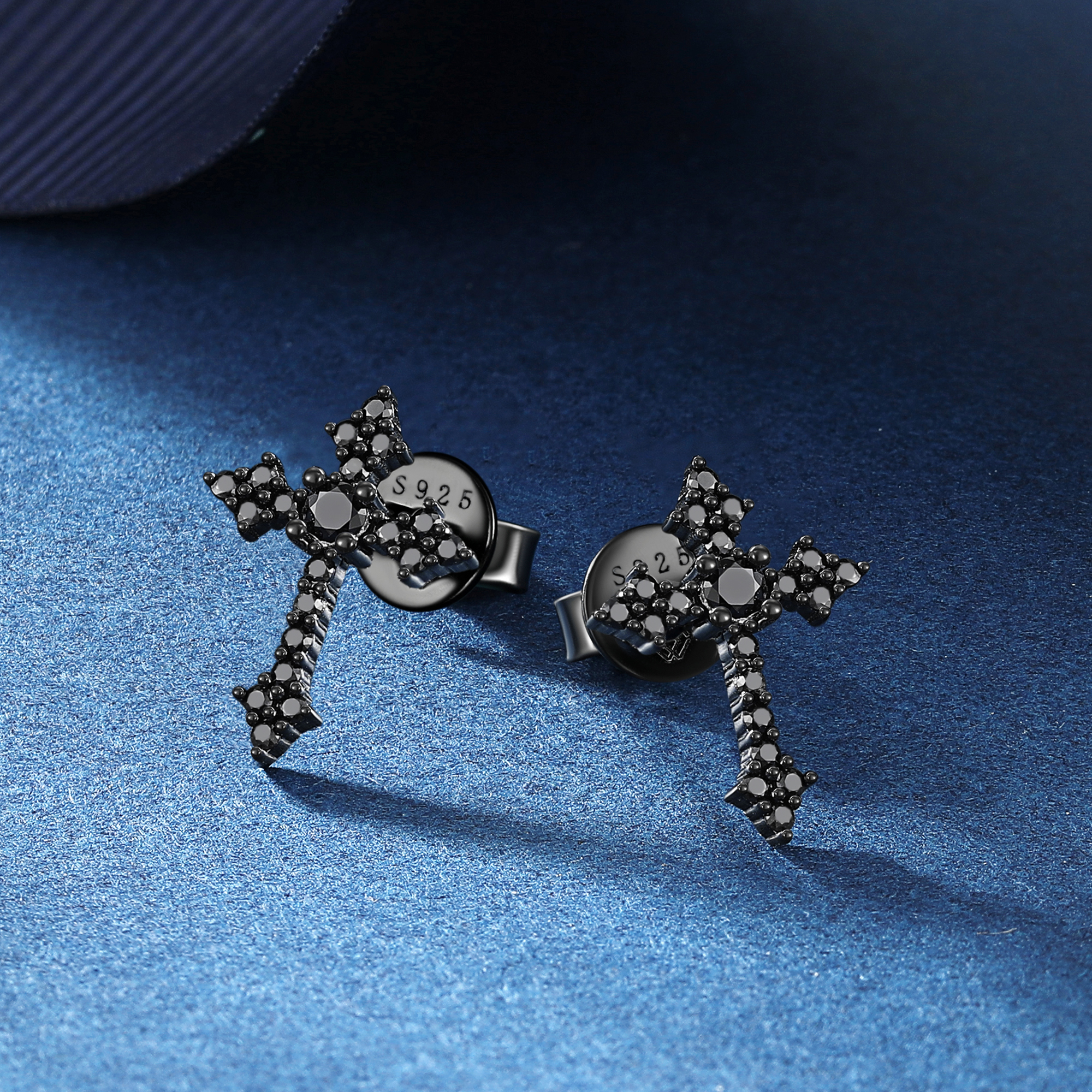 Cross Black Moissanite Stud Earrings in Black Plated, Sterling Silver