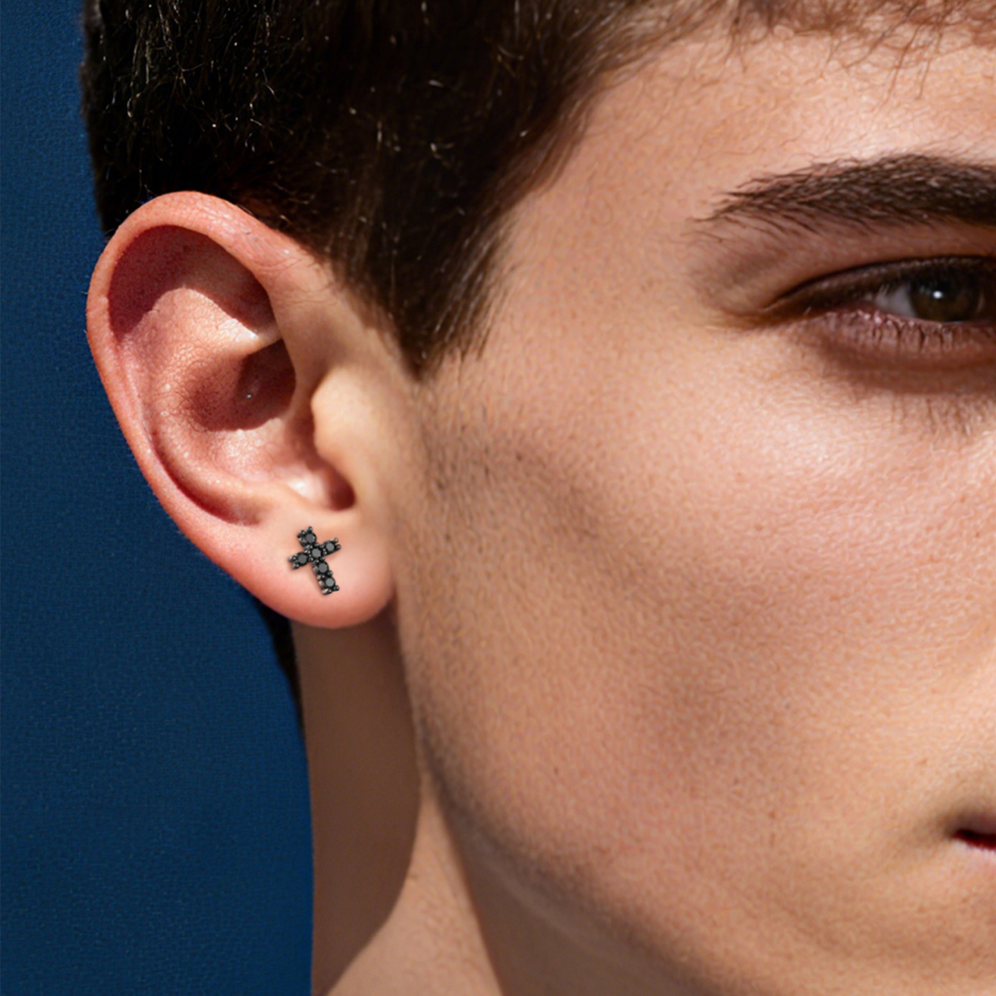 Cross Black Moissanite Stud Earrings in Black Plated for Men-01