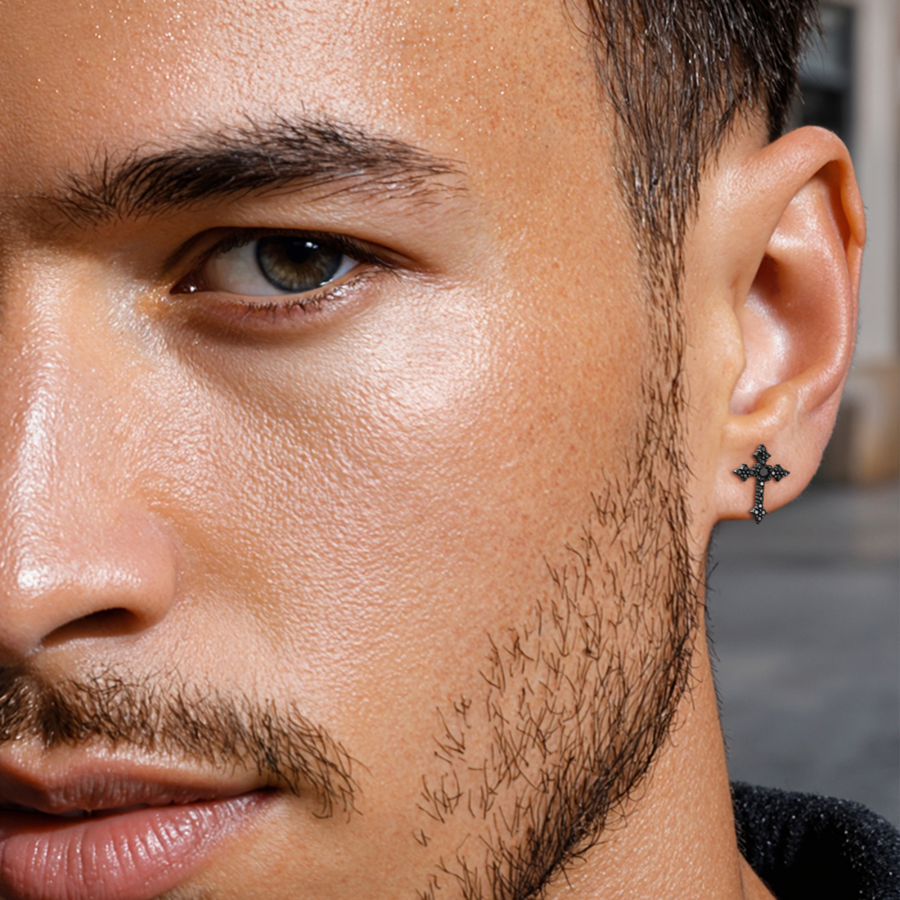 Cross Black Moissanite Stud Earrings in Black Plated for Men-01