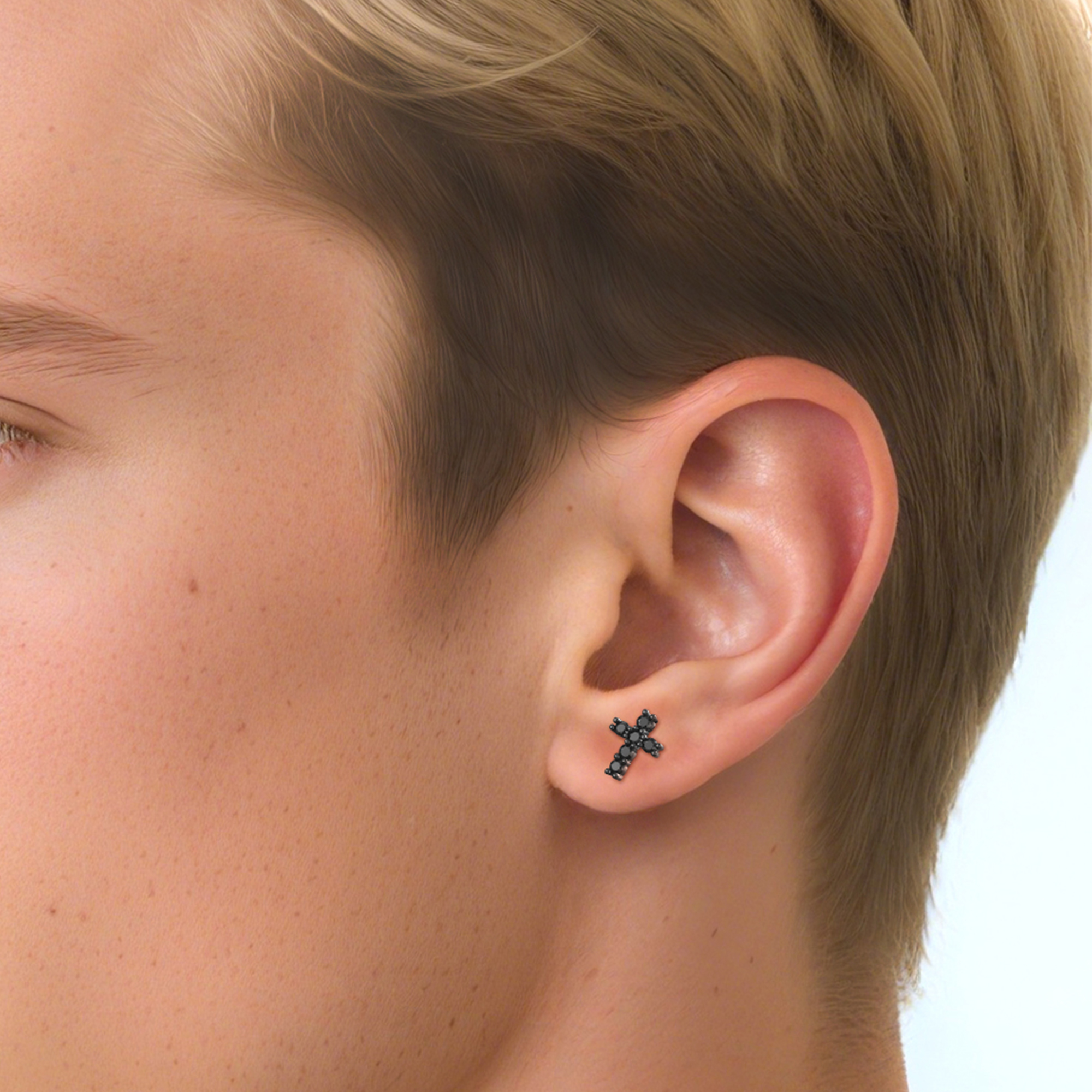 Cross Black Moissanite Stud Earrings in Black Plated for Men-01