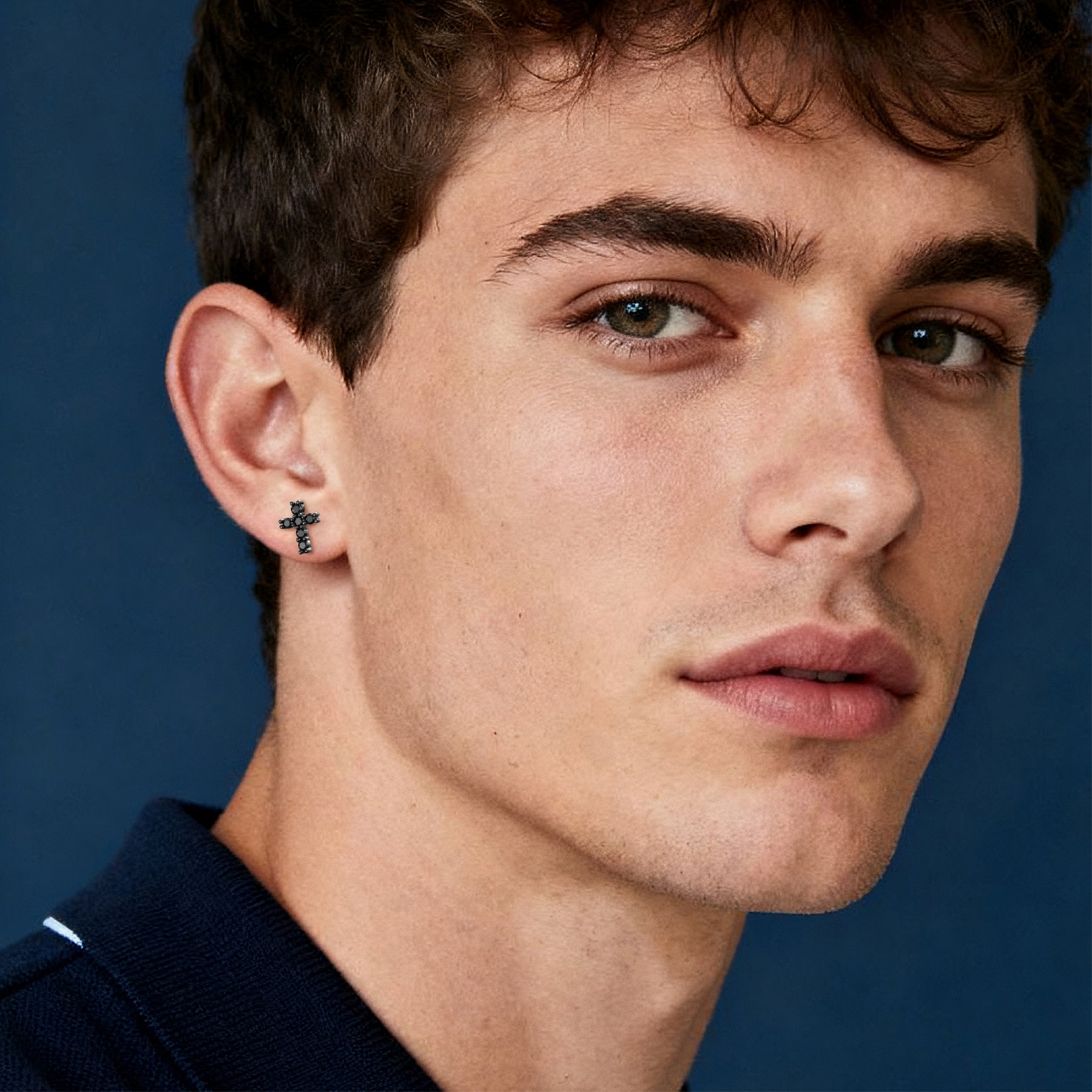 Cross Black Moissanite Stud Earrings in Black Plated for Men-02