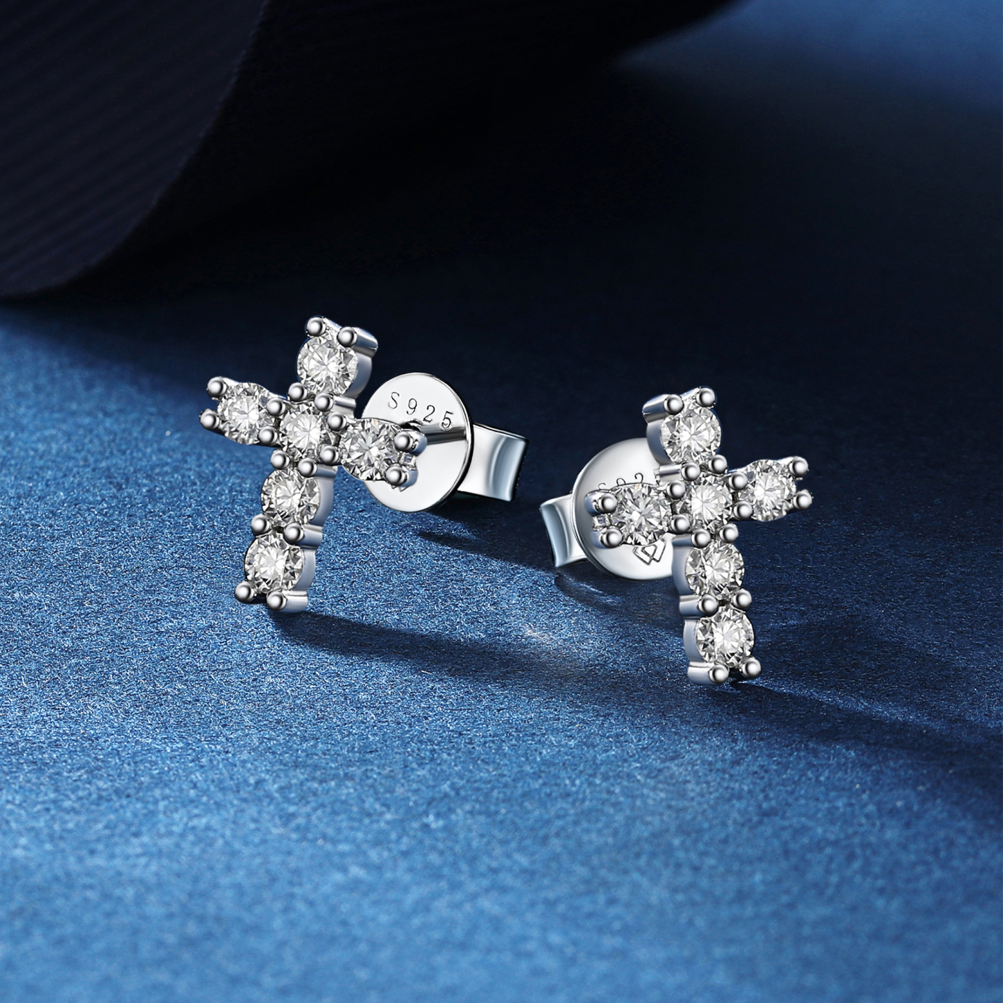 Cross Moissanite Stud Earrings in White Gold, Sterling Silver