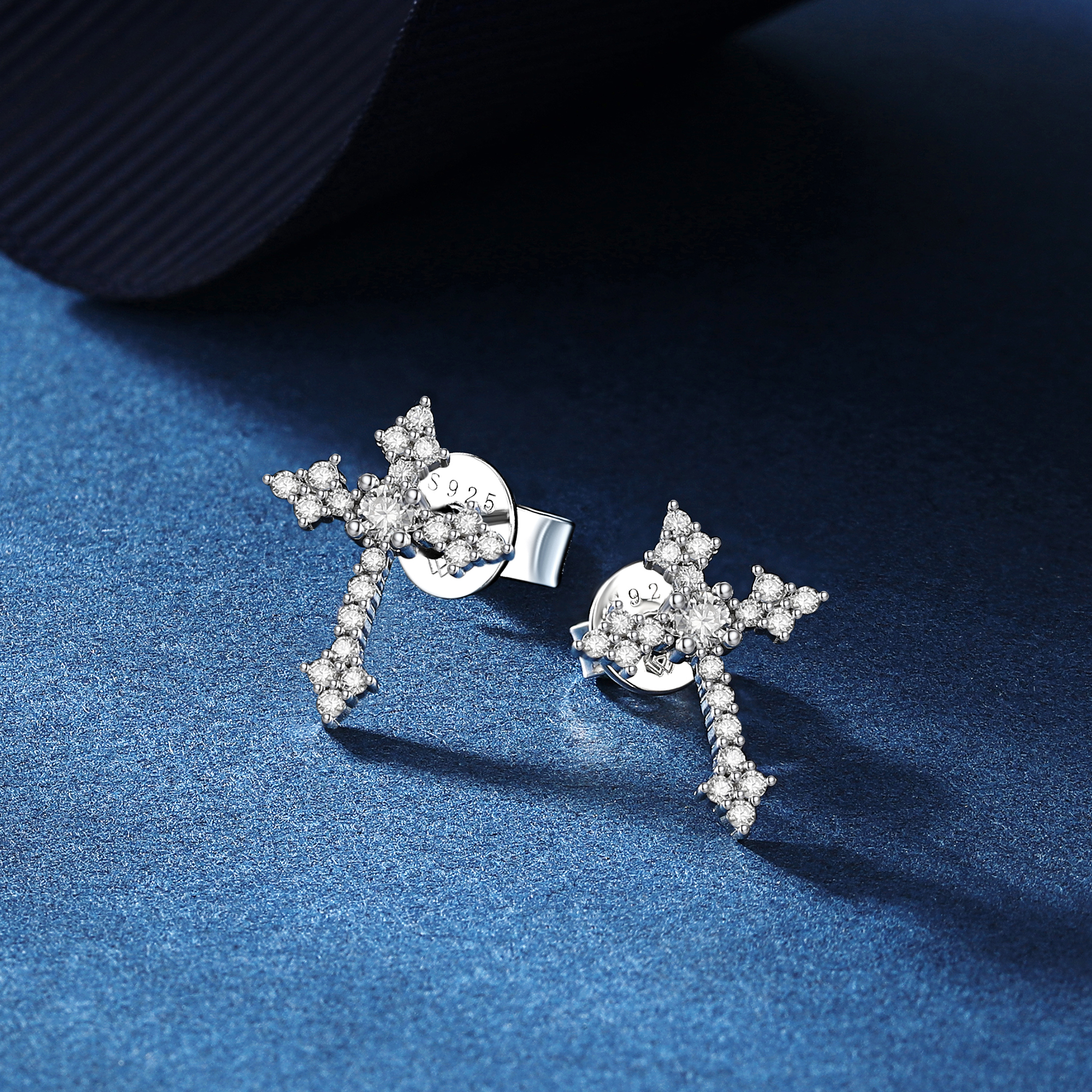 Cross Moissanite Stud Earrings in White Gold, Sterling Silver