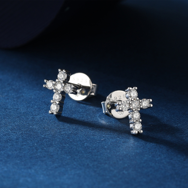 2mm Cross Moissanite Stud Earrings in White Gold, Sterling Silver