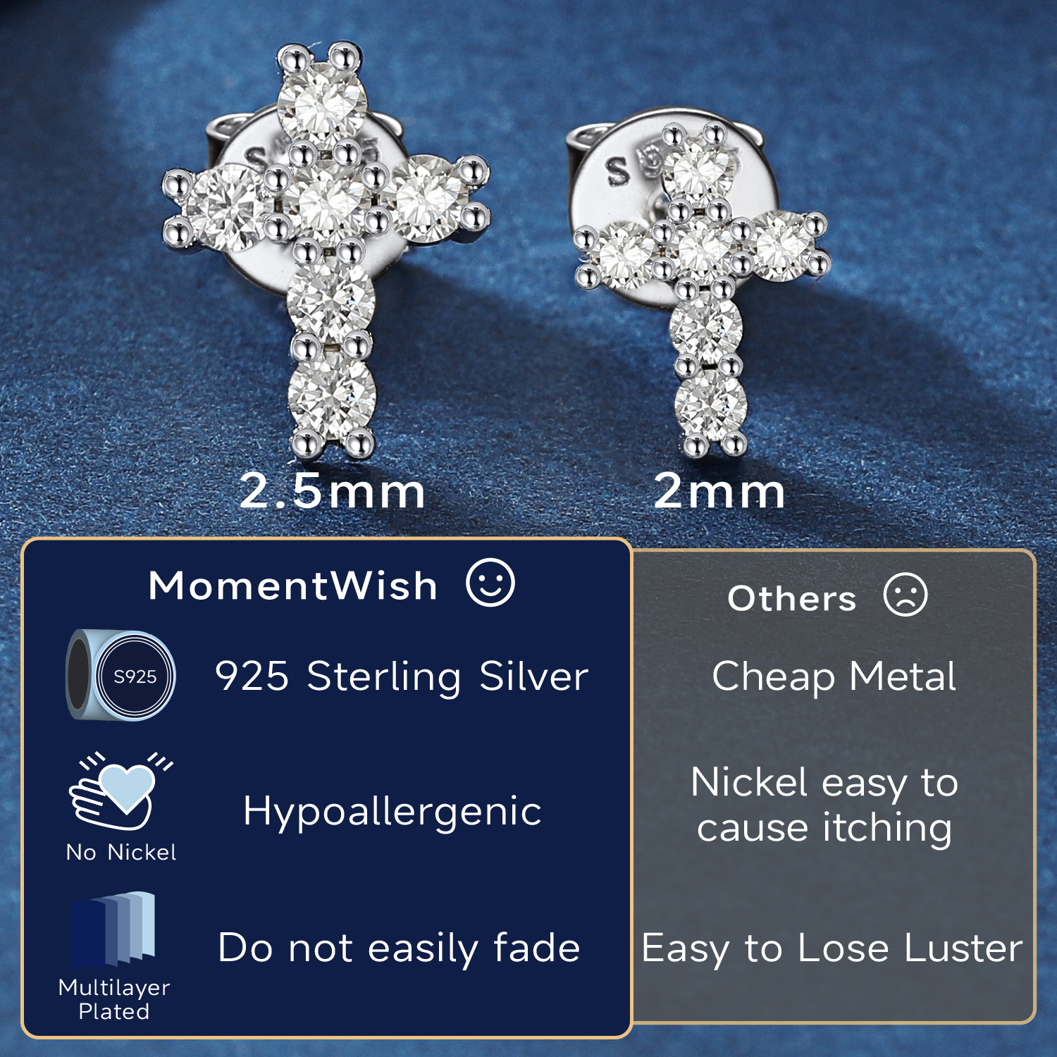 2mm and 2.5mm Cross Moissanite Stud Earrings in White Gold Details - Moissanite Description