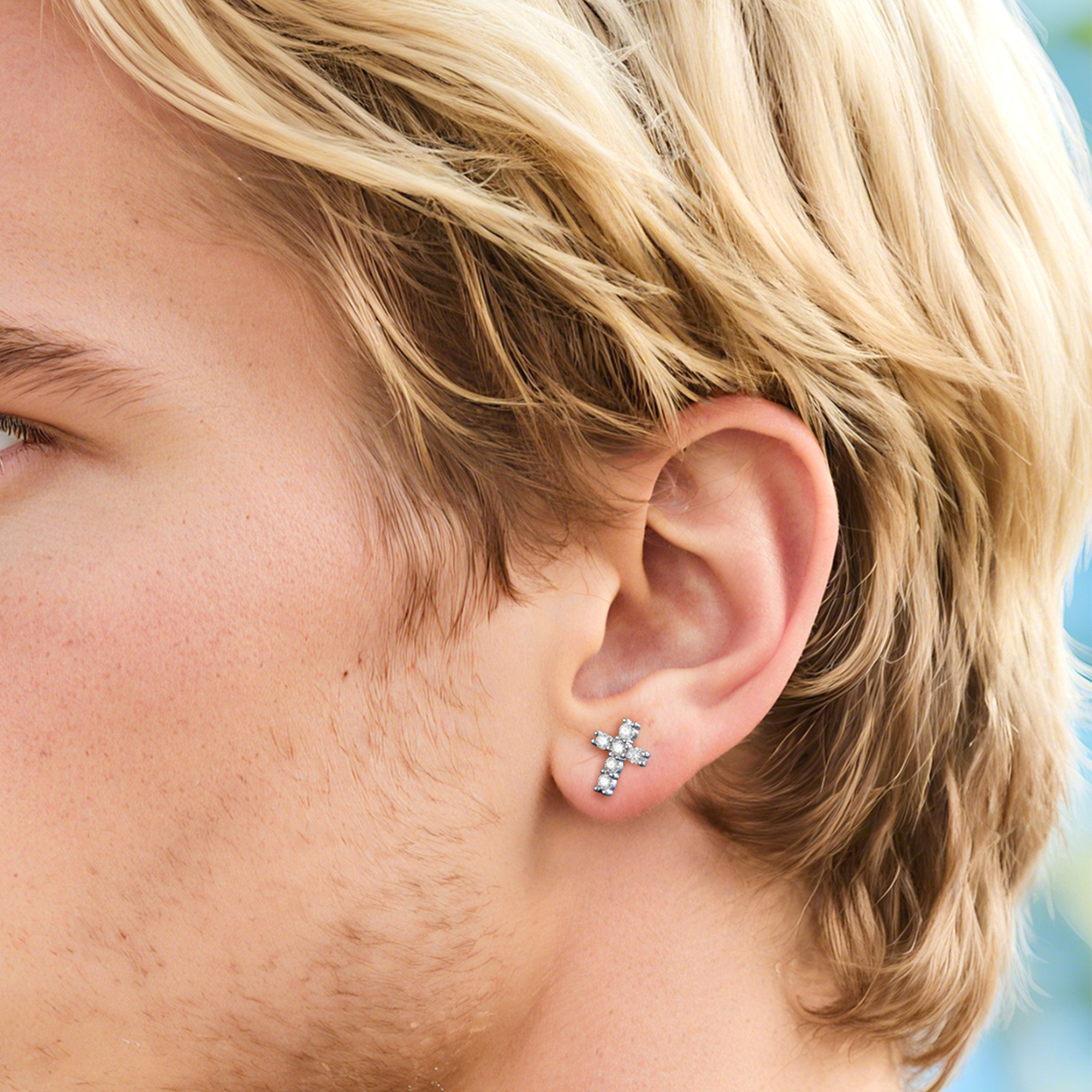 Cross Moissanite Stud Earrings in White Gold for Men-01