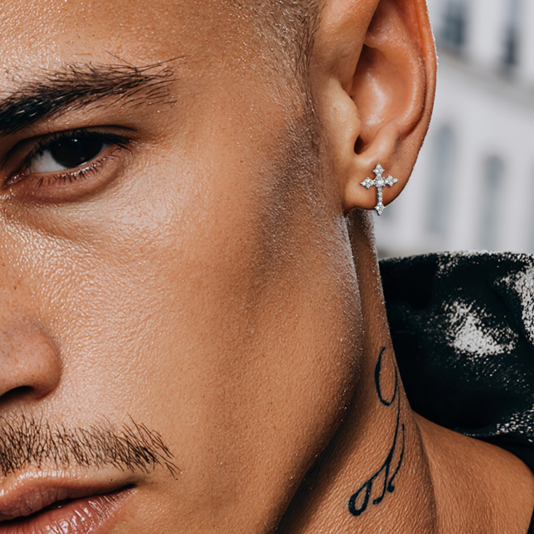 Cross Moissanite Stud Earrings in White Gold for Men-01