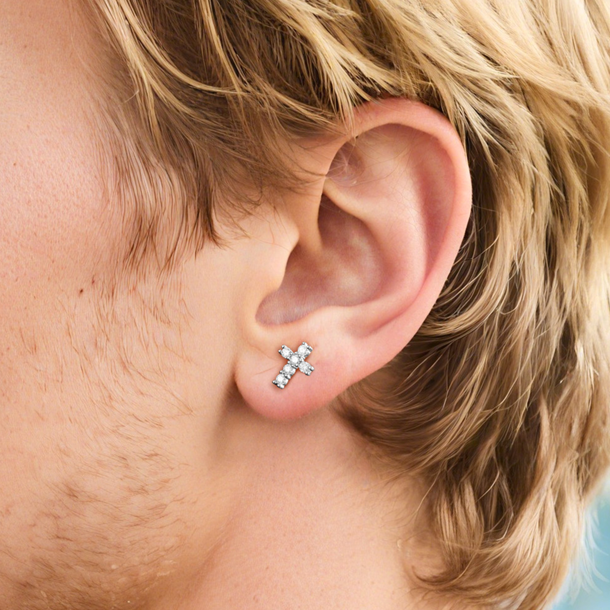 Cross Moissanite Stud Earrings in White Gold for Men-01