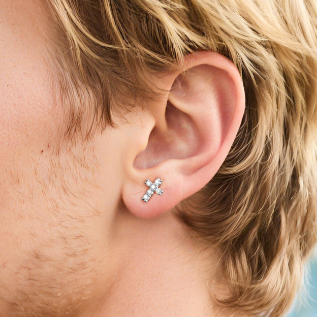 Cross Moissanite Stud Earrings in White Gold for Men-01