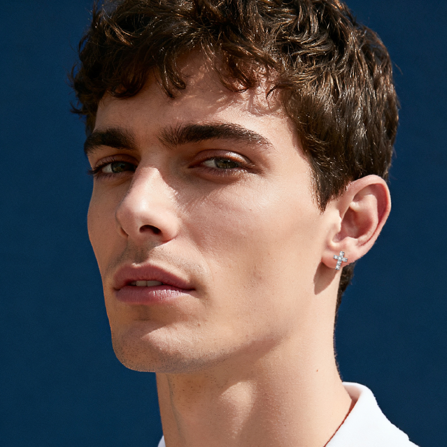 Cross Moissanite Stud Earrings in White Gold for Men-02