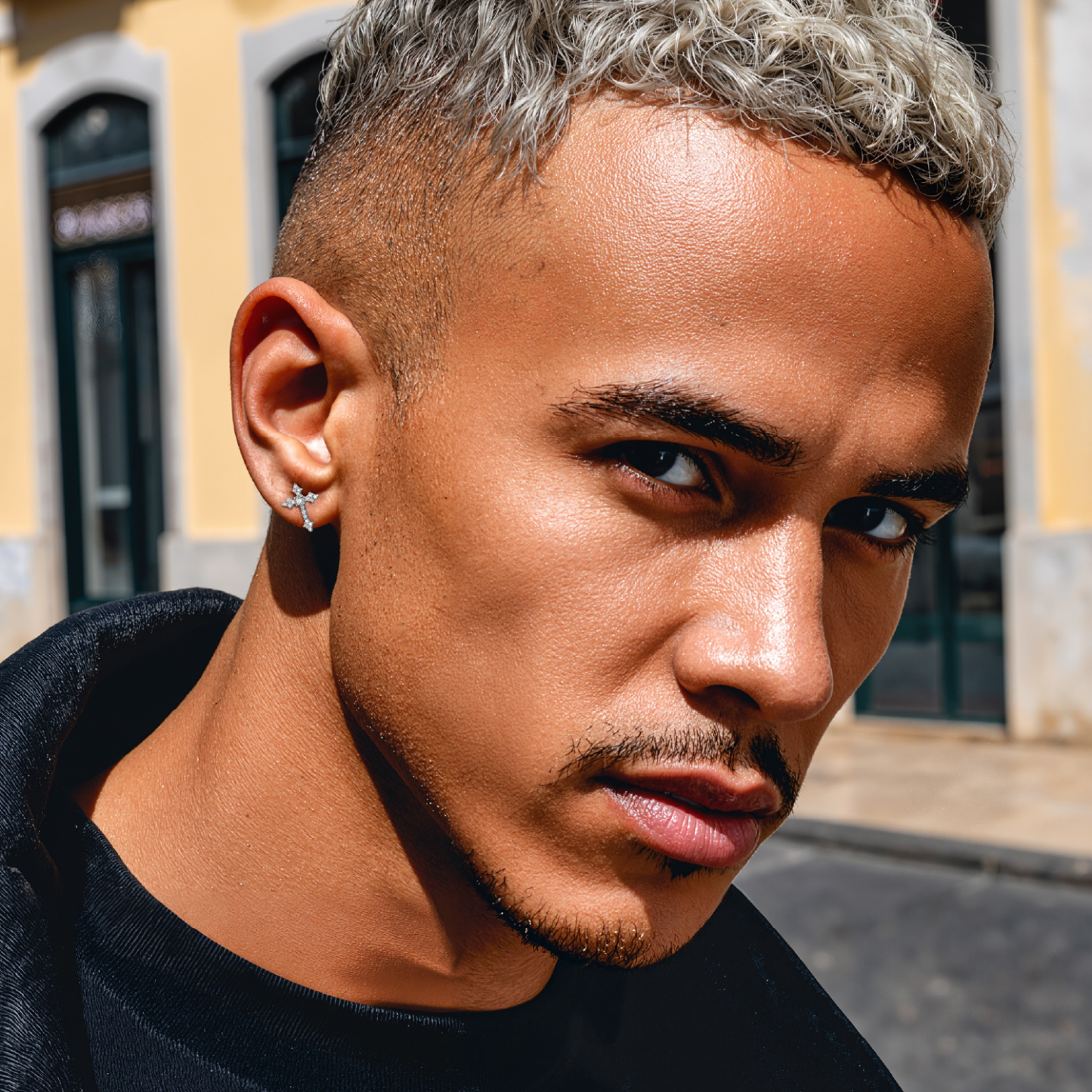 Cross Moissanite Stud Earrings in White Gold for Men-02