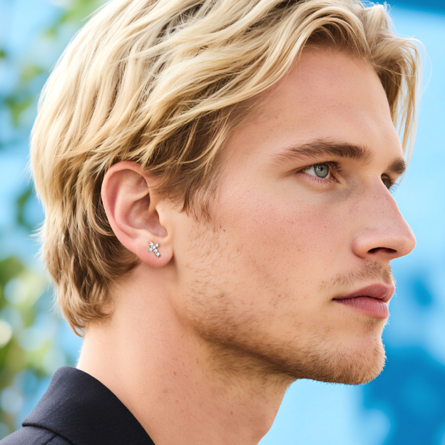 Cross Moissanite Stud Earrings in White Gold for Men-02