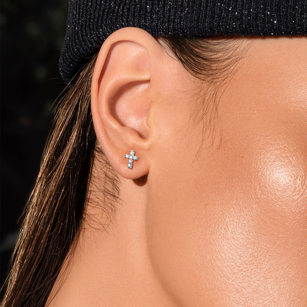 Cross Moissanite Stud Earrings in White Gold for Women